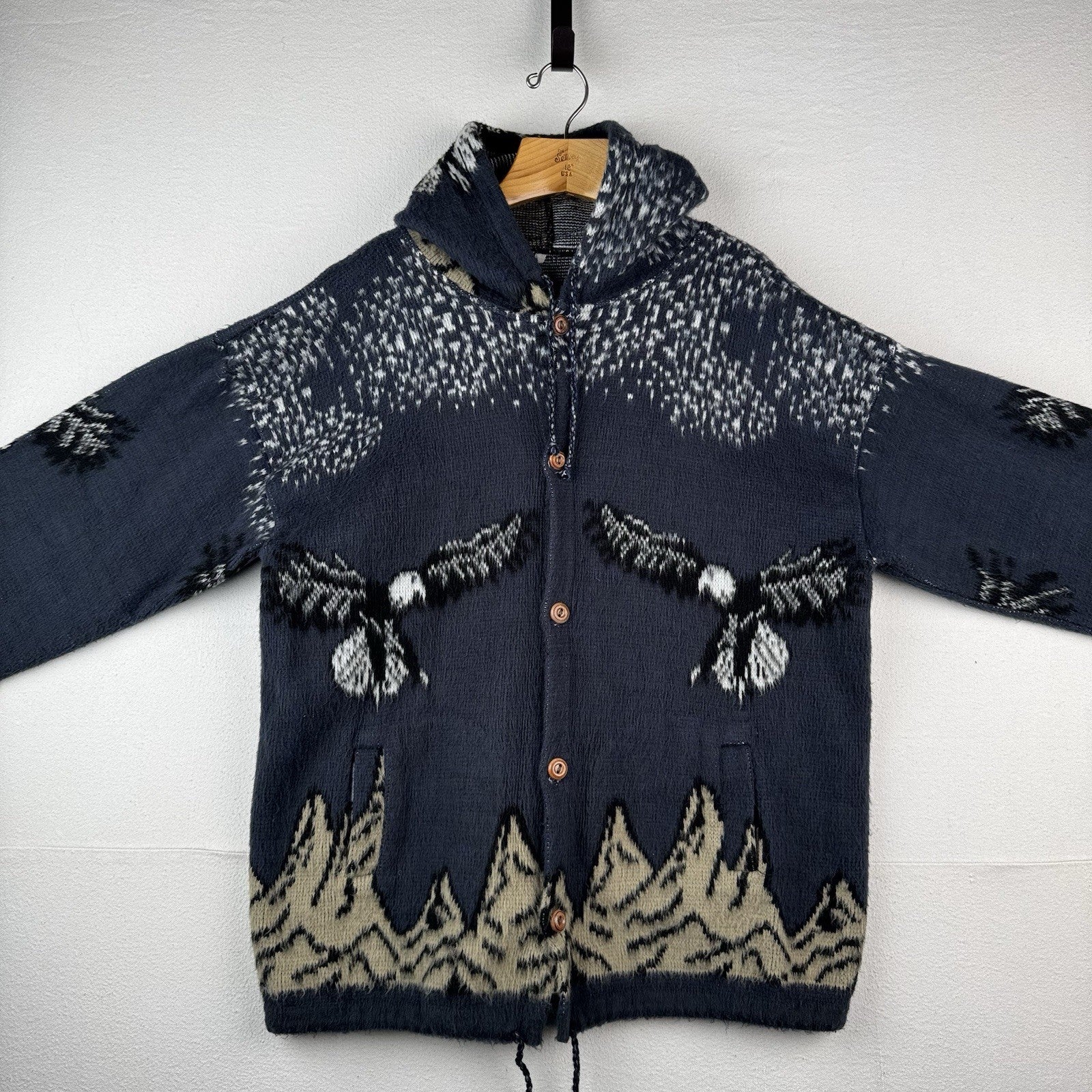 Puruhua Handmade Men’s L Full Zip Acrylic Eagles Mountains Hood Sweater Ecuador
