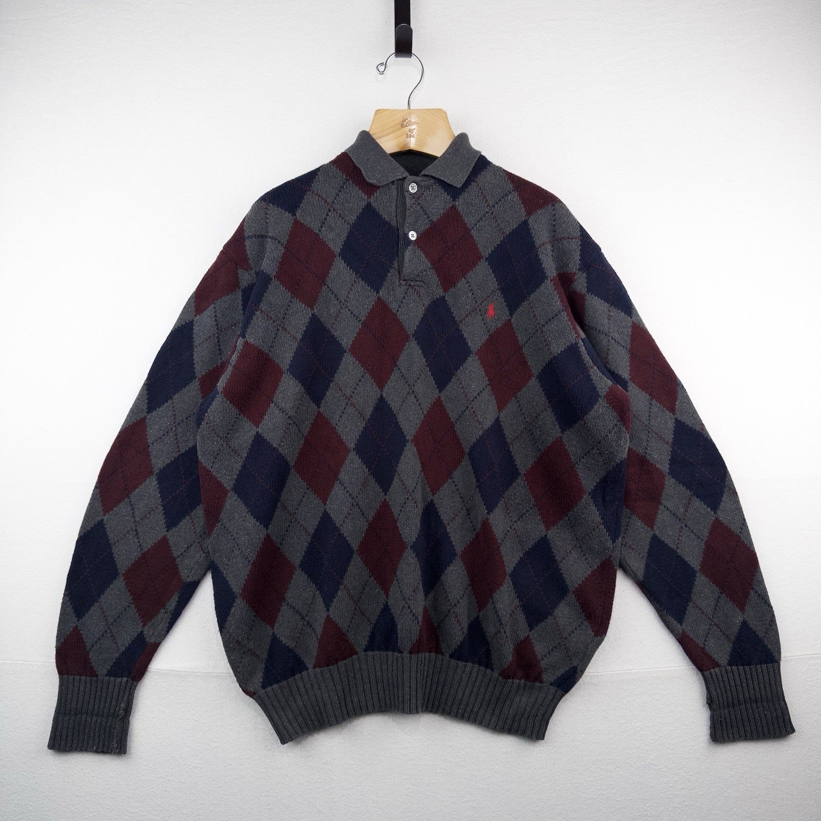 90’s Vtg Polo Ralph Lauren Mens L Argyle 100% Cotton  Collared Sweater Blue Gray