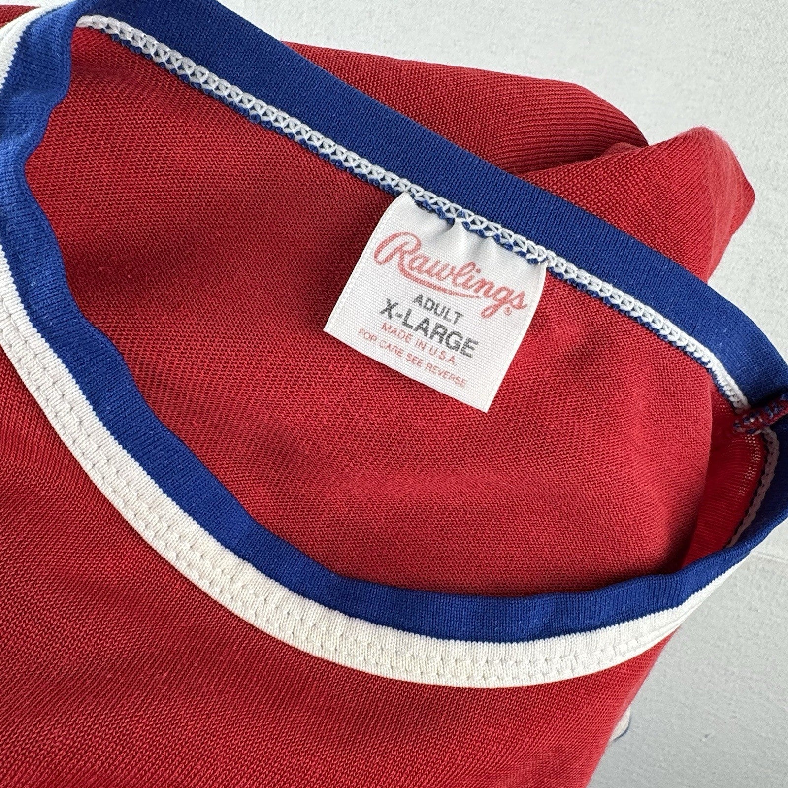 60’s Vtg Rawlings Jersey Ringer Shirt Stripe Red White Blue XL Rayon Made USA