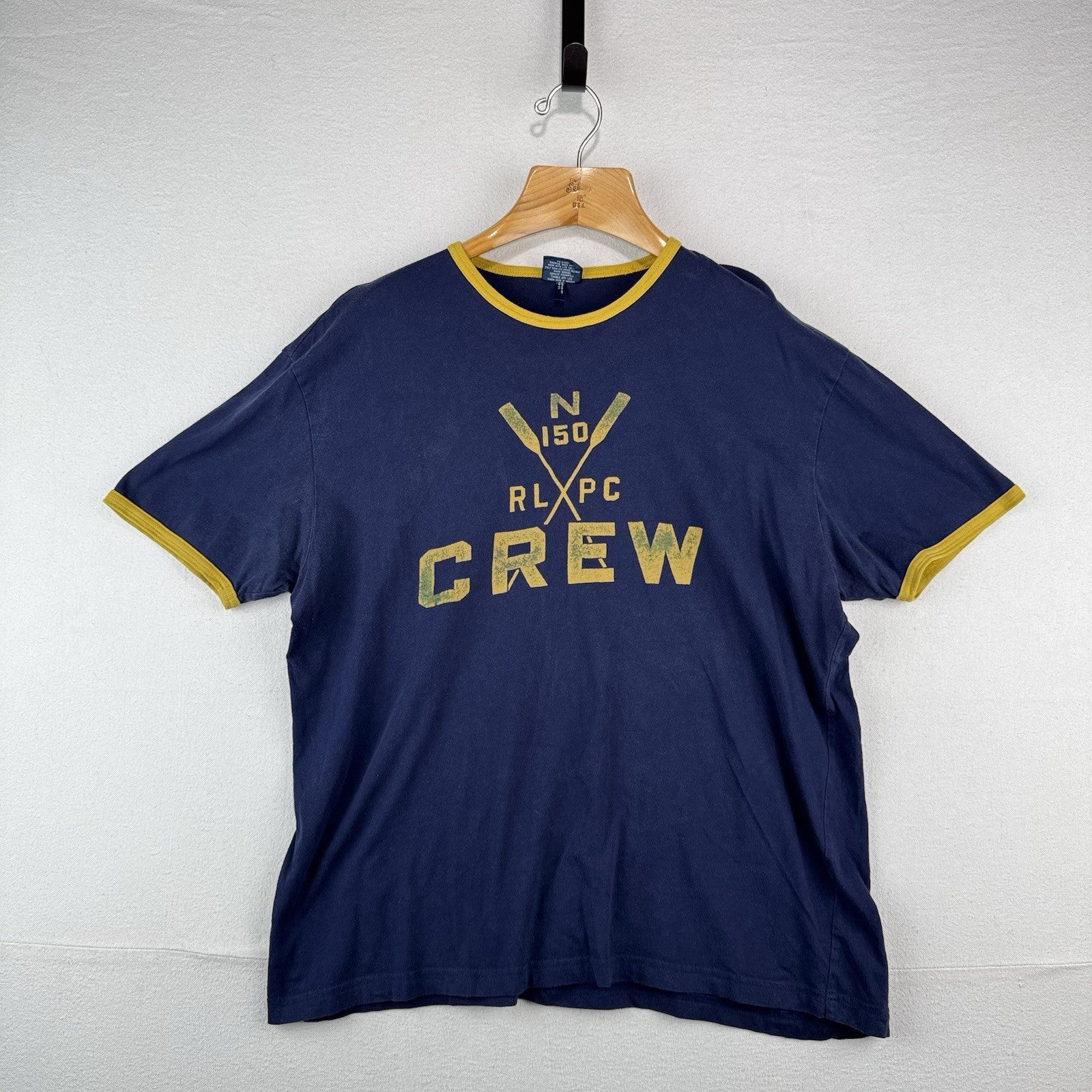90’s Vtg Polo Ralph Lauren RL Crew Ringer T-Shirt Blue Yellow Mens L