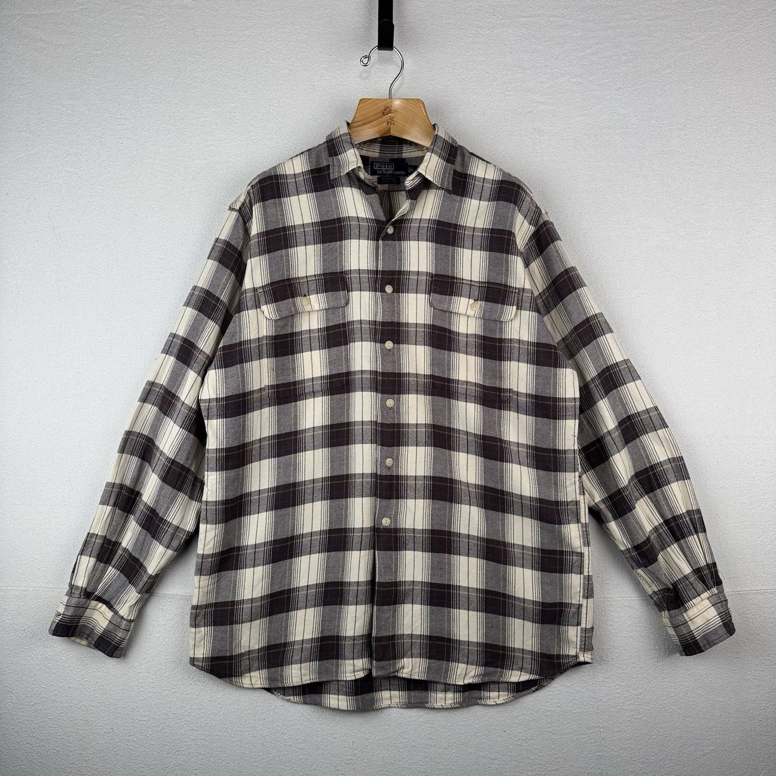 Vintage Ralph Lauren Shirt Mens L Brown Plaid Benford Flannel Cotton *Read