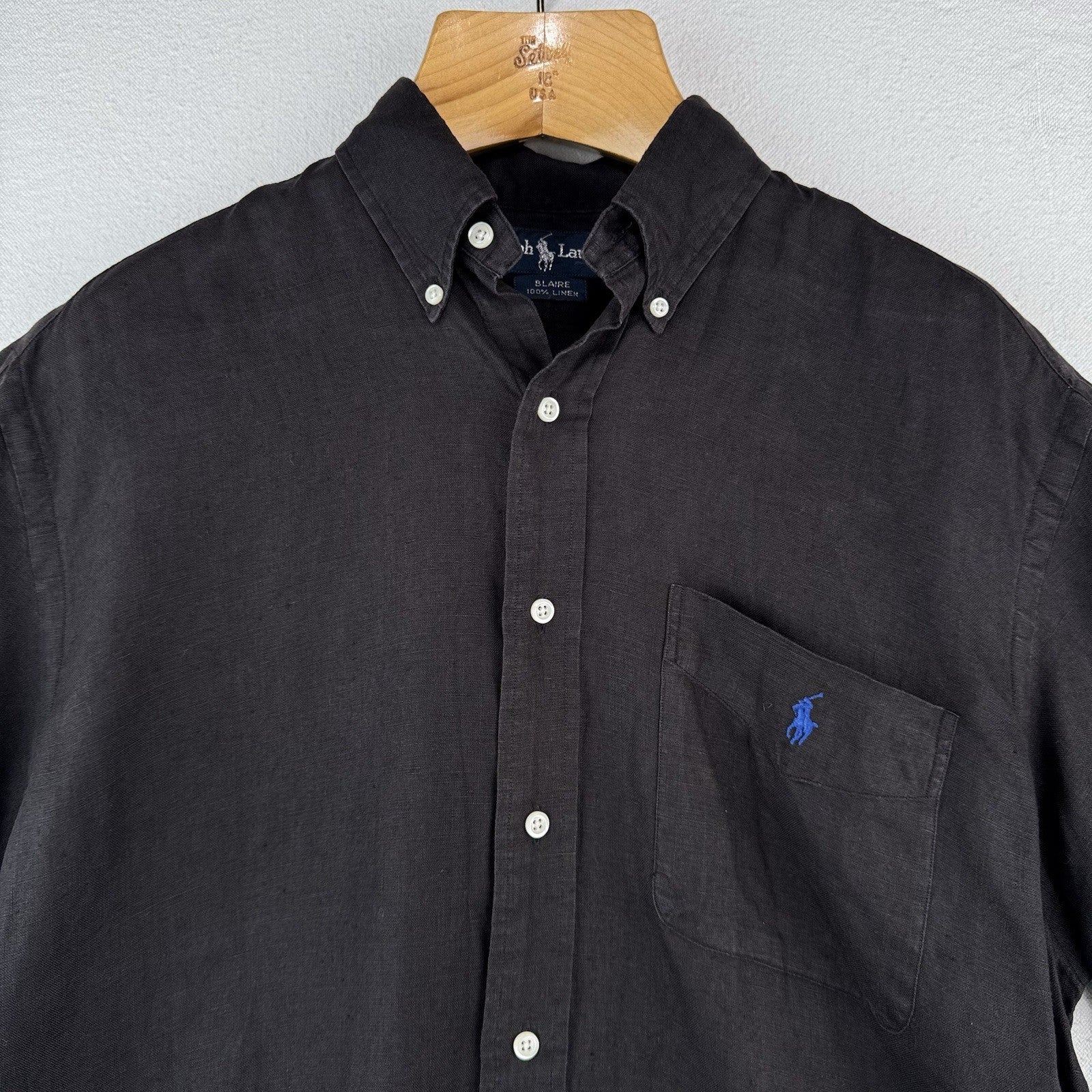 Vtg Ralph Lauren Blaire Black Linen Short Sleeve Shirt Mens Medium Button Down