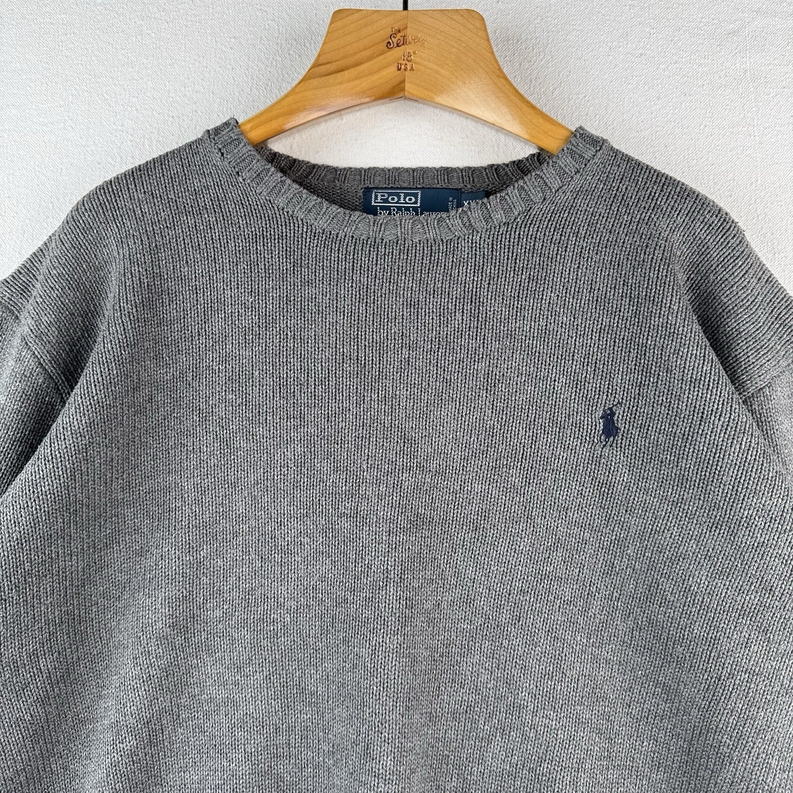 90's Vtg Polo Ralph Lauren Cotton Gray Knit Crewneck Sweater Men's 2XL Blue Pony