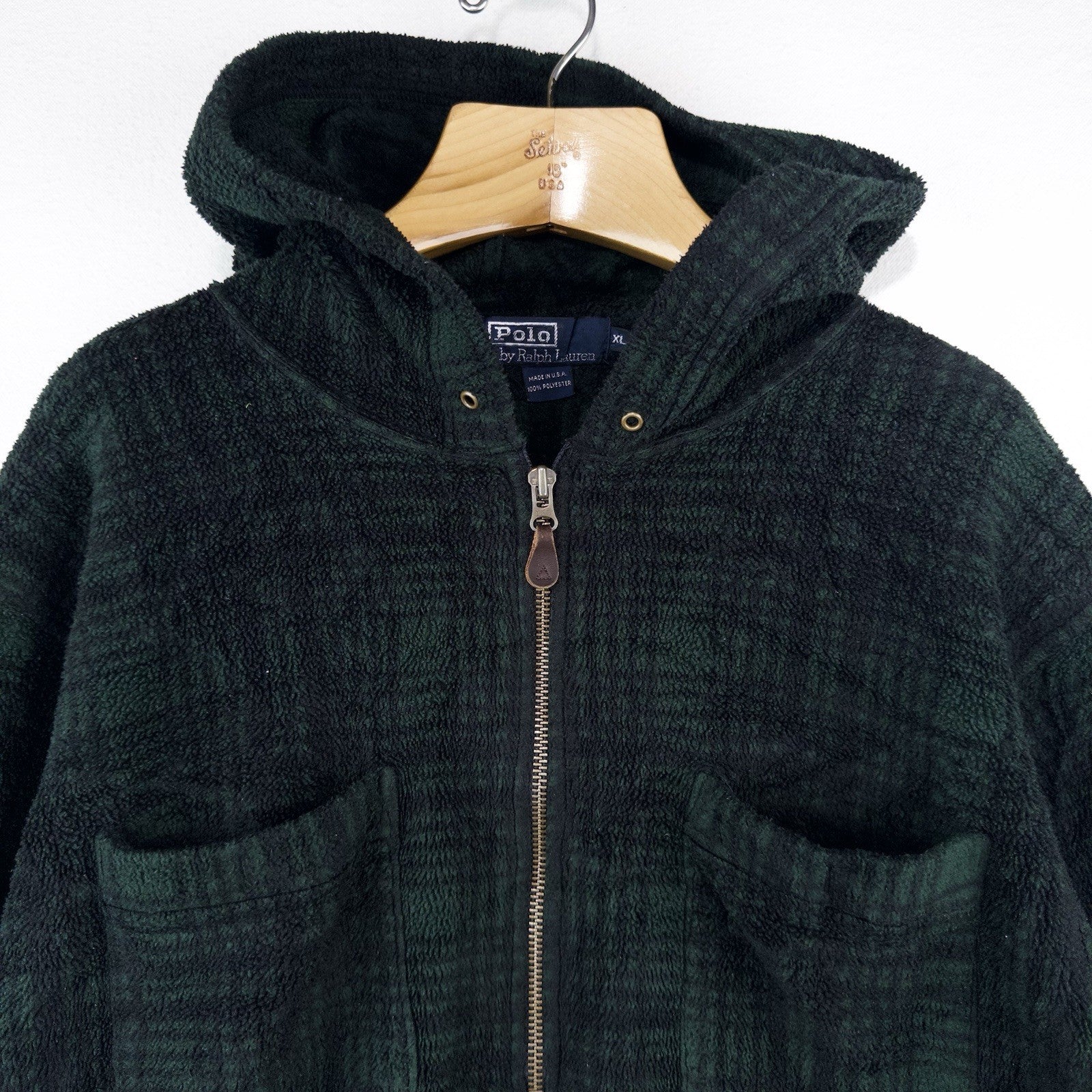 90’s Vtg Polo Ralph Lauren Hoodie Mens XL Green 1/4 Zip Tartan Plaid Fleece USA