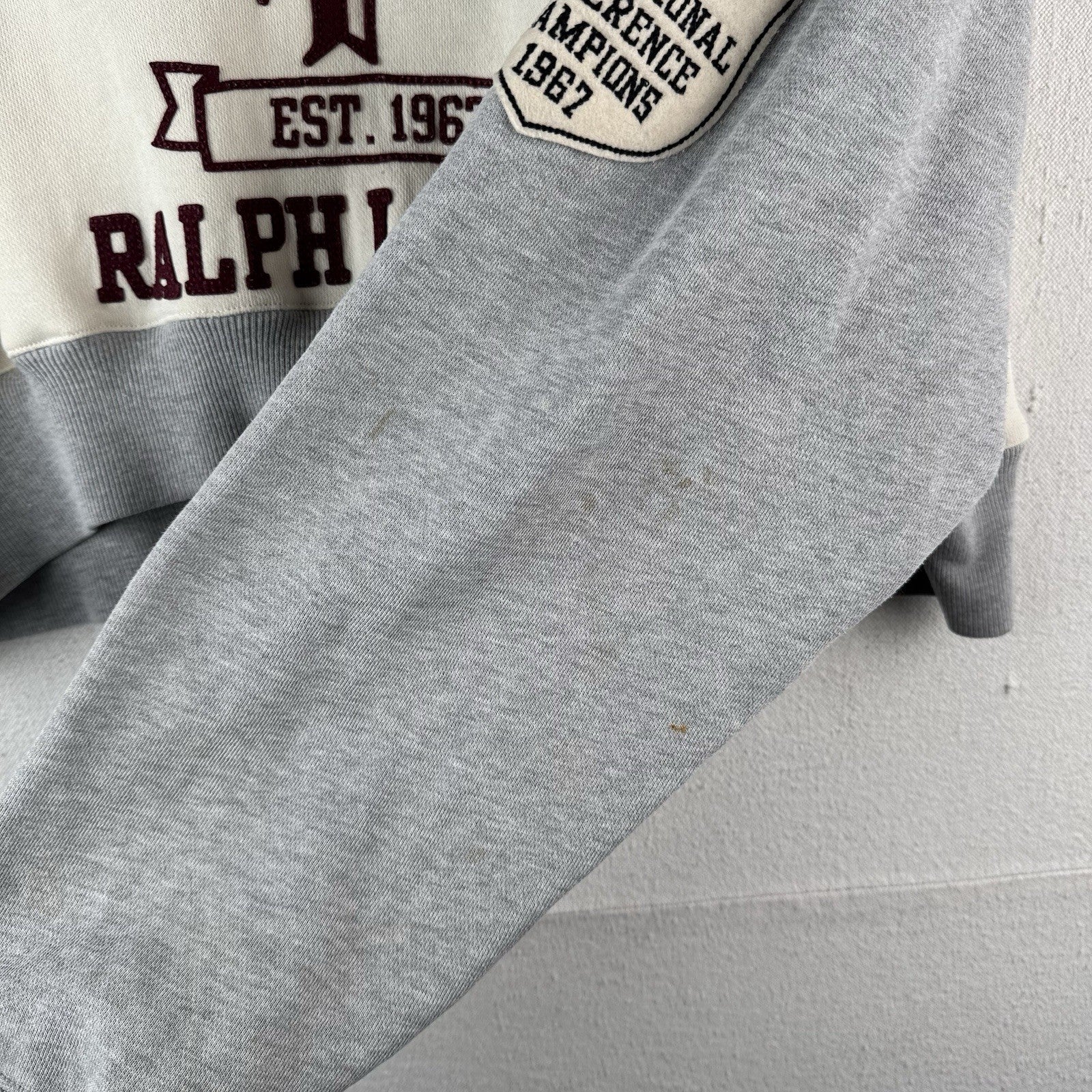 Vtg Polo Jeans Co Ralph Lauren Applique Cream Maroon Men’s Large Cropped to 17”