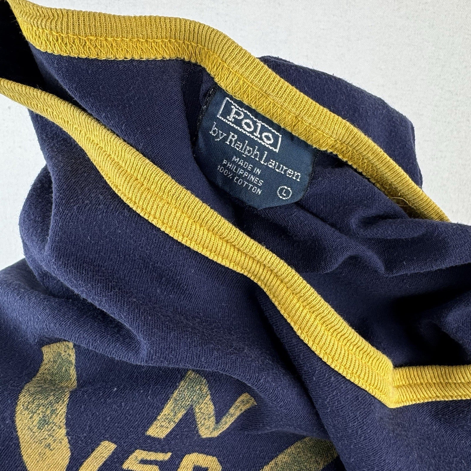 90’s Vtg Polo Ralph Lauren RL Crew Ringer T-Shirt Blue Yellow Mens L