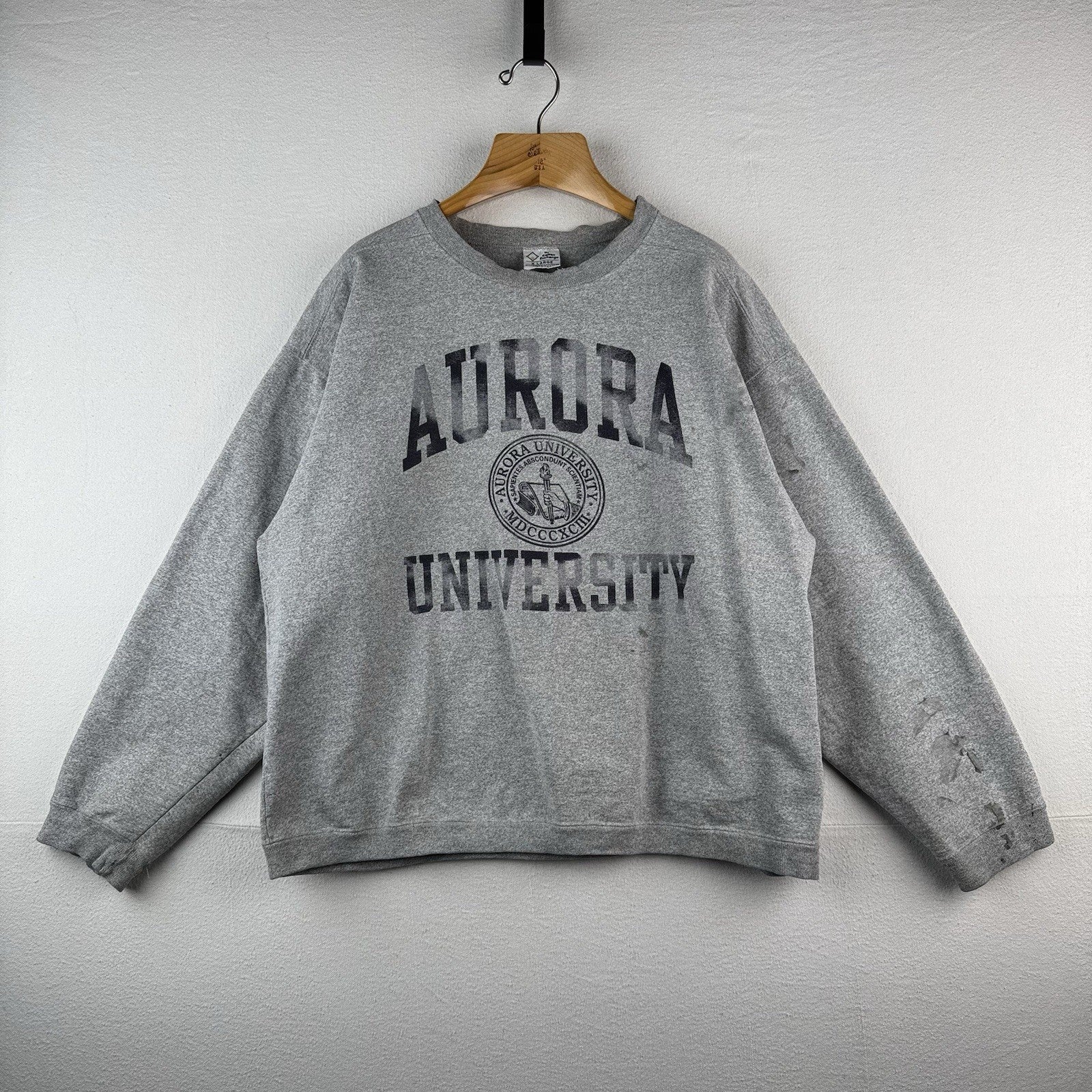 90’S Vtg Aurora University Crewneck Sweatshirt Men’s XL Gray Distressed Made USA