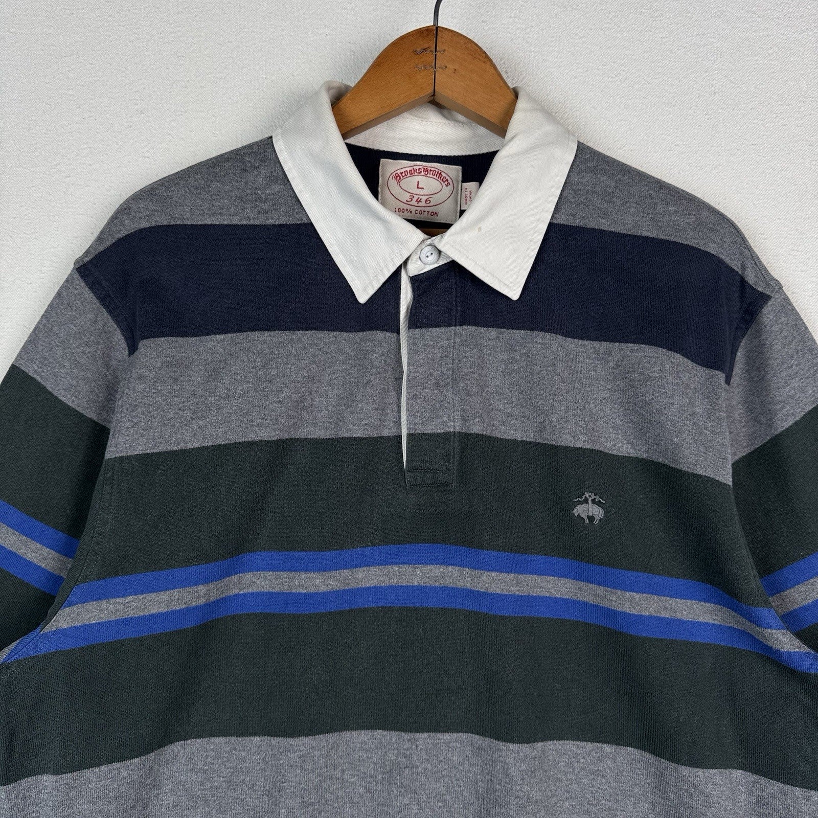 Brooks Brothers Rugby Shirt Men's Large Blue Green Gray 346 Striped Polo *Read