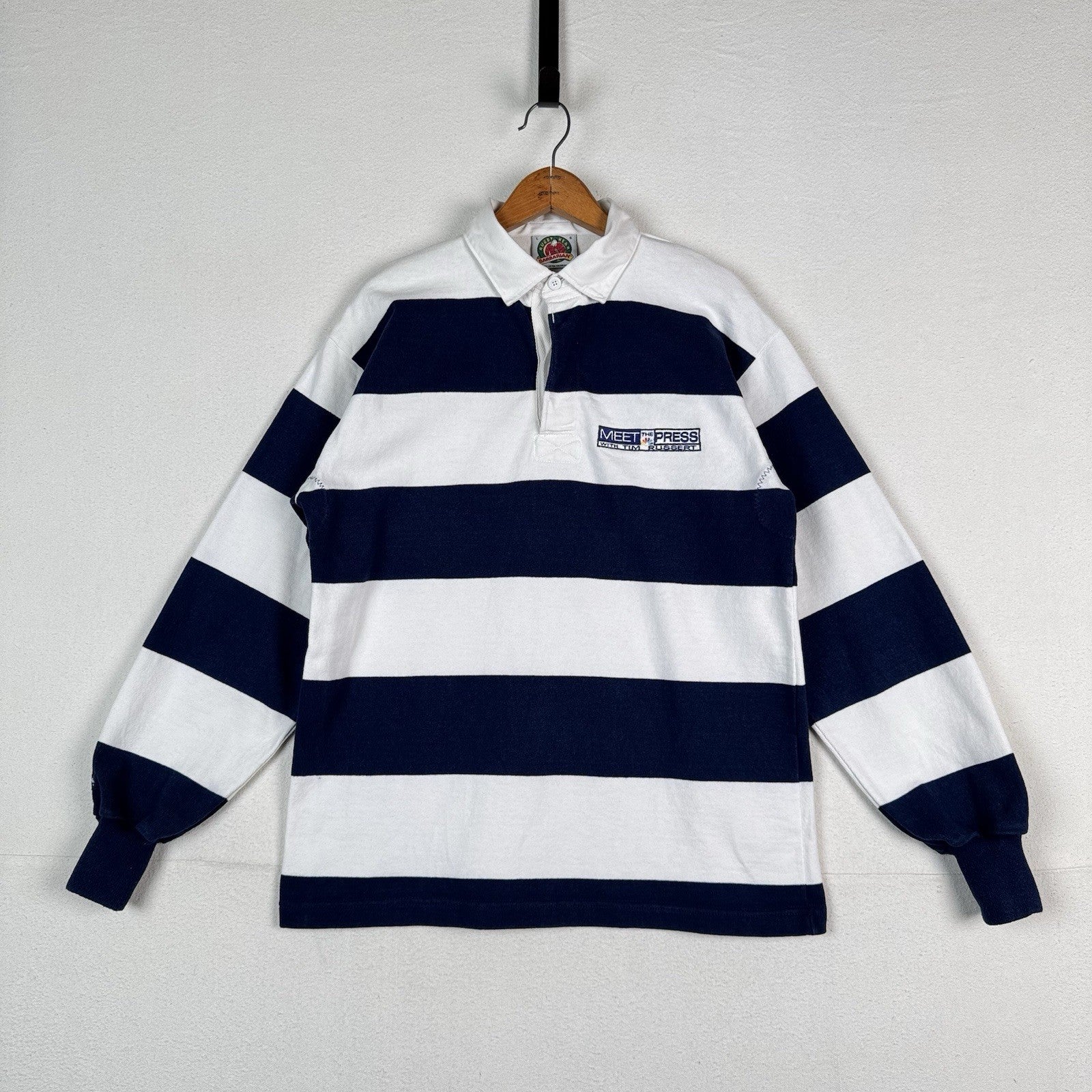 Vintage Rugby Mens L Barbarian Meet The Press Tim Russert Blue White Stripe Polo