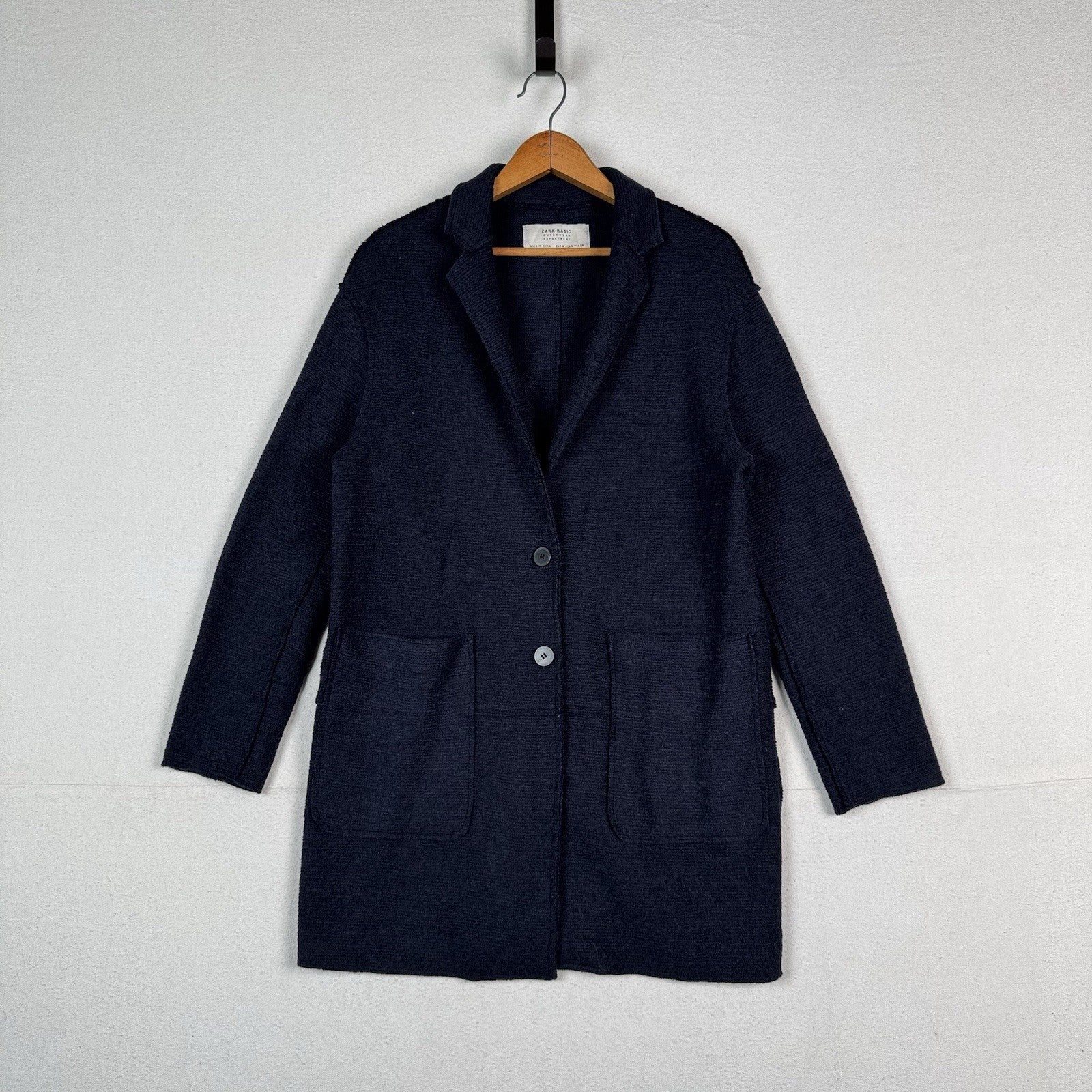 Zara Wool Longline Navy Blue Car Coat Overcoat Cardigan Women’s Size M