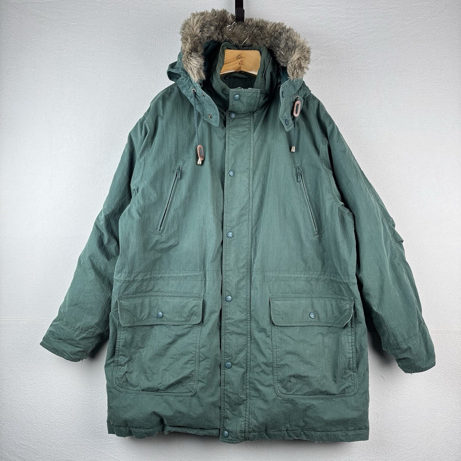 90’s Vtg L.L. Bean Men’s L Goose Down Faux Fur Hooded Parka Puffer Jacket Green