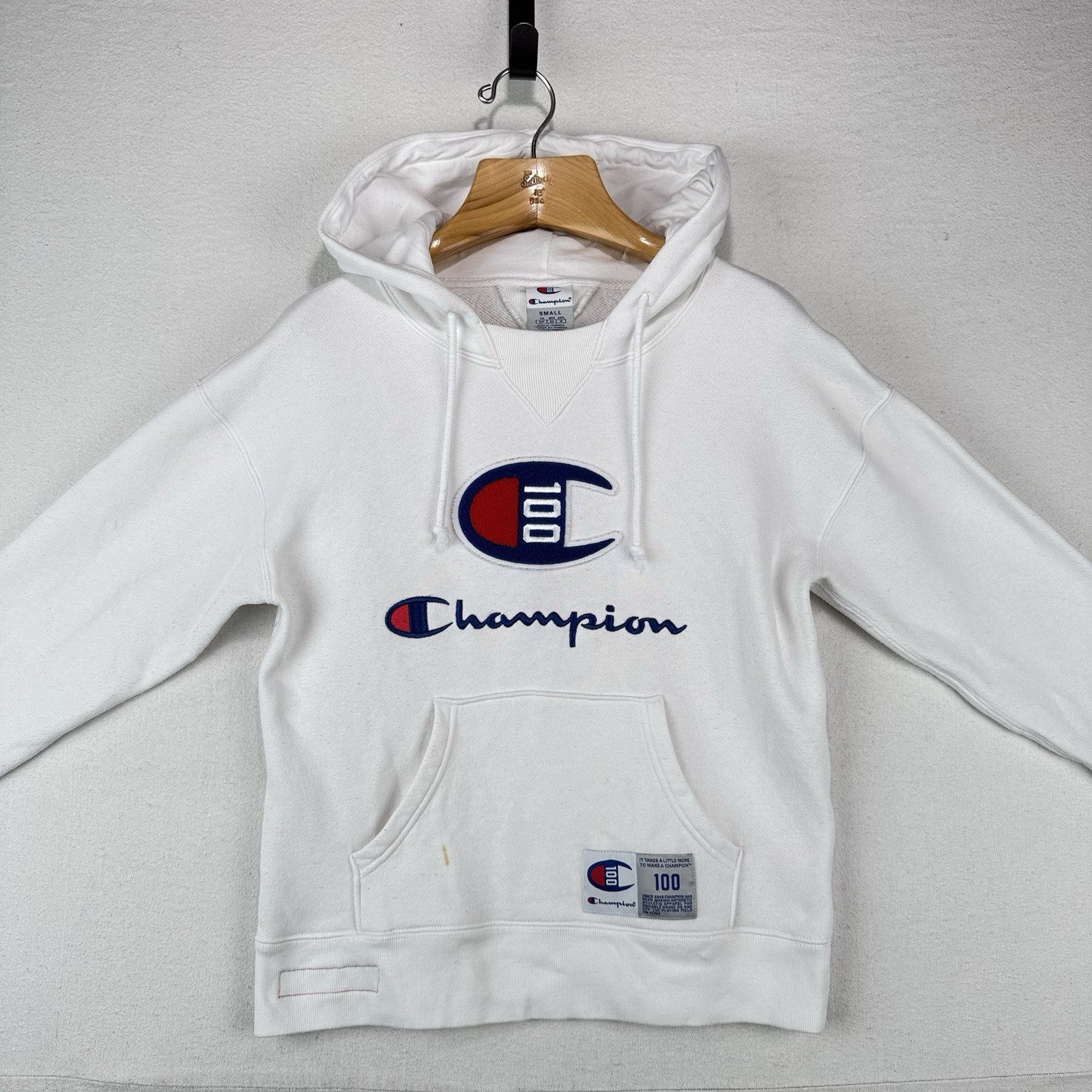 Champion White Century Collection C100 Chenille Logo Hoodie Men’s Small *Read