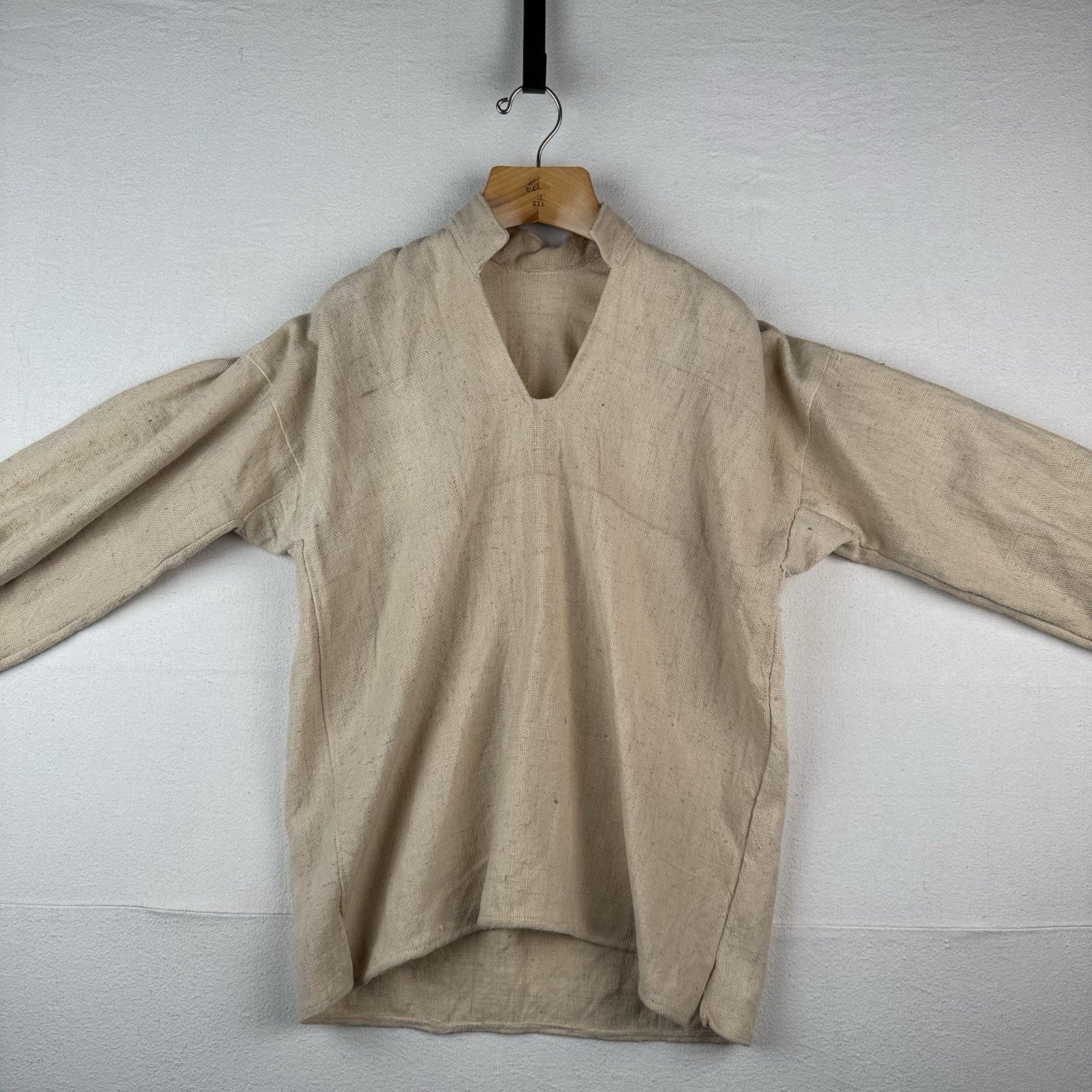 Handmade Linen V-neck Balloon Sleeve Tunic Beige Vintage Poet Shirt 42” Chest