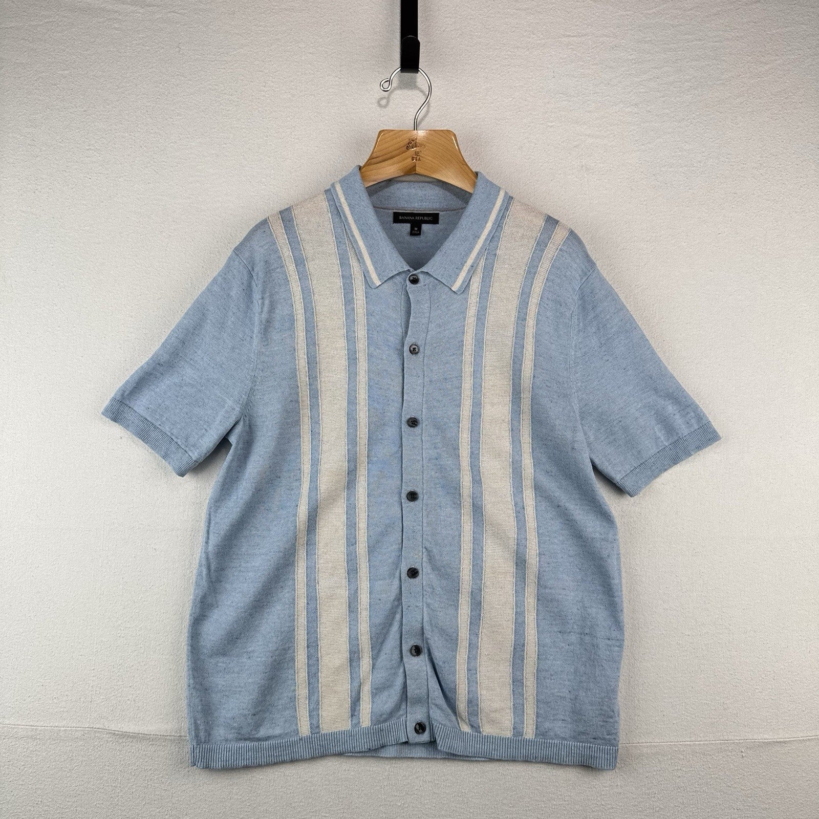 Banana Republic Men’s M Linen Blend Knit Short Sleeve Resort Shirt Cigar Stripe