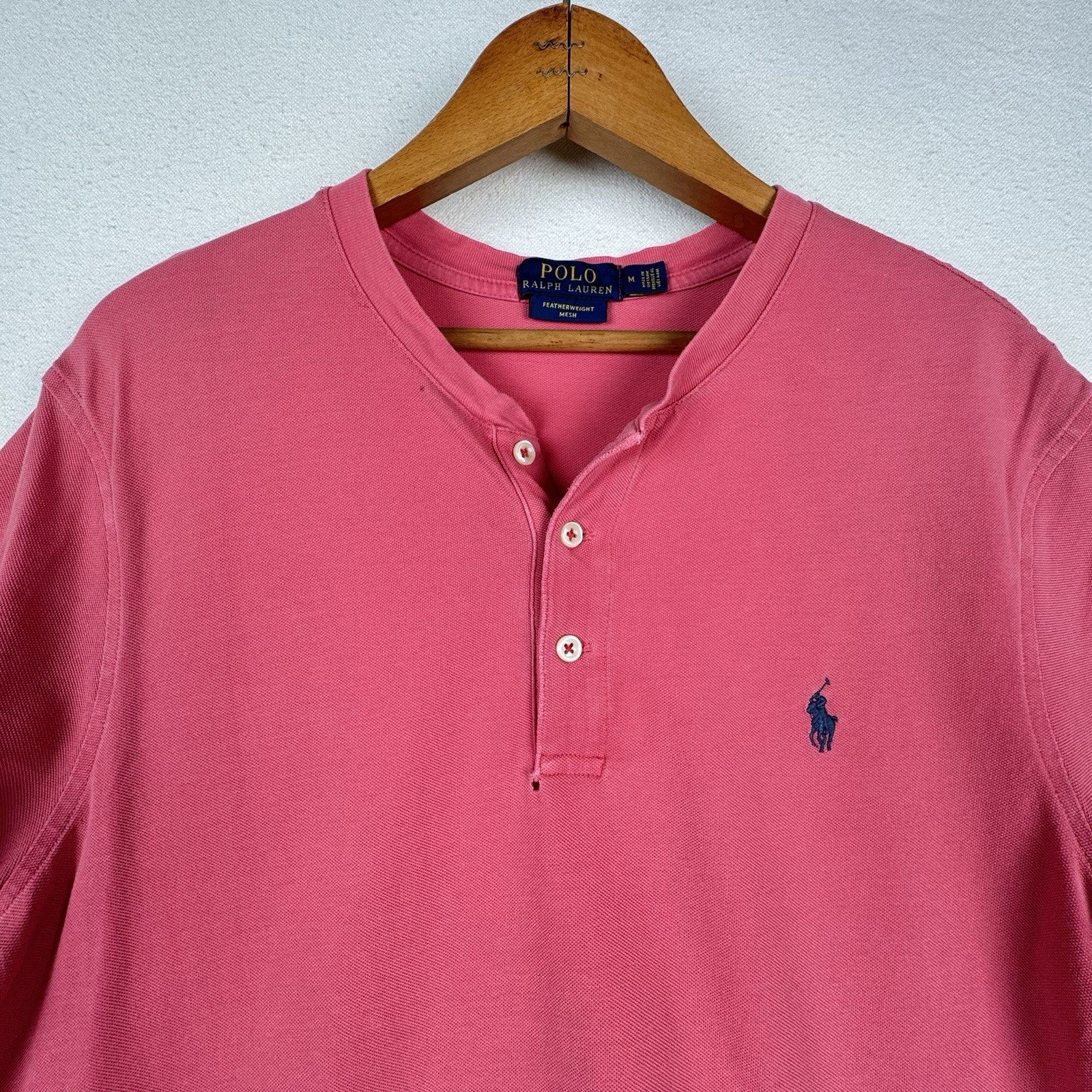 Polo Ralph Lauren Shirt Men Medium Salmon Pink Button Featherweight Mesh Henley