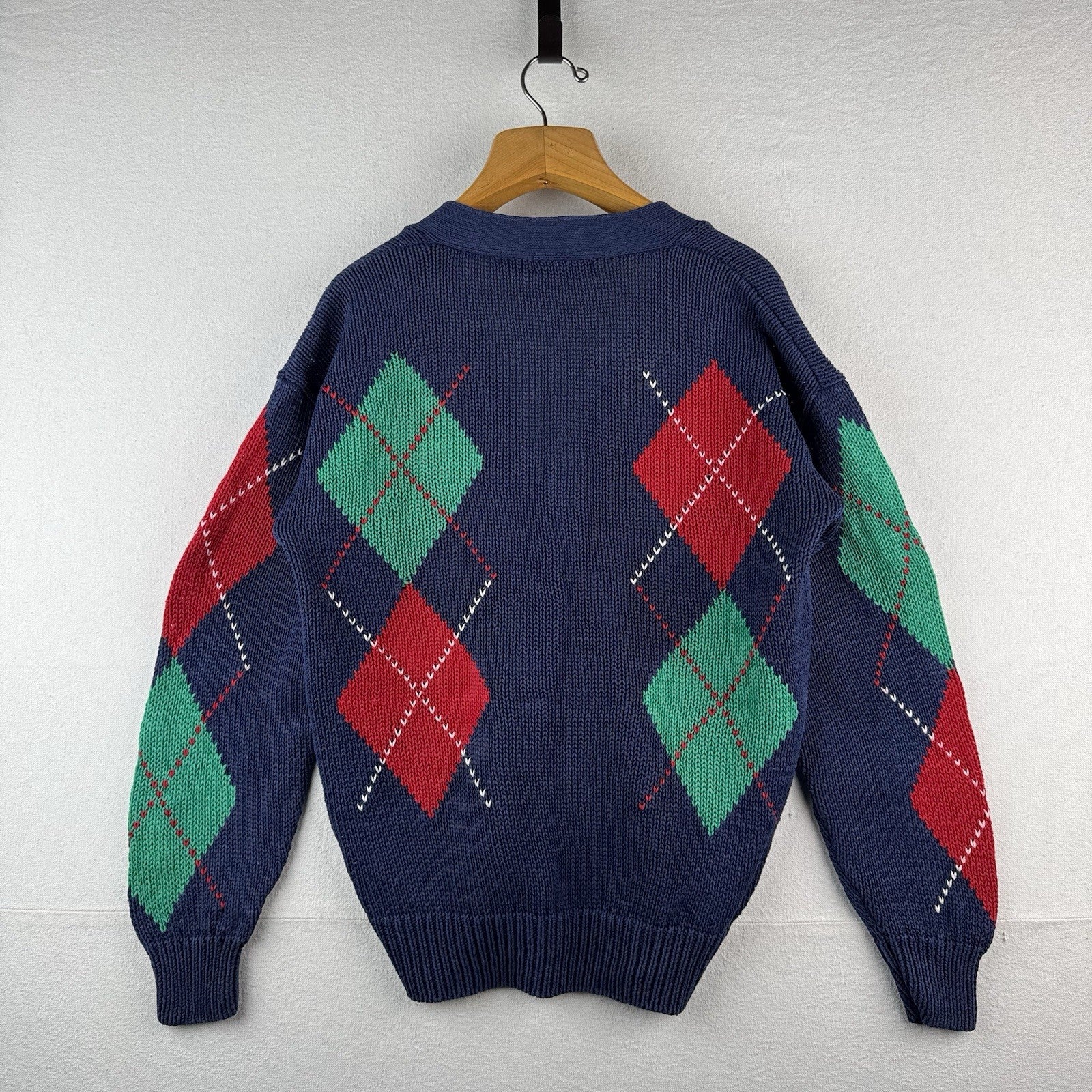 80’s Vintage Argyle Cardigan Sweater Blue Diamond Knit Unisex Medium