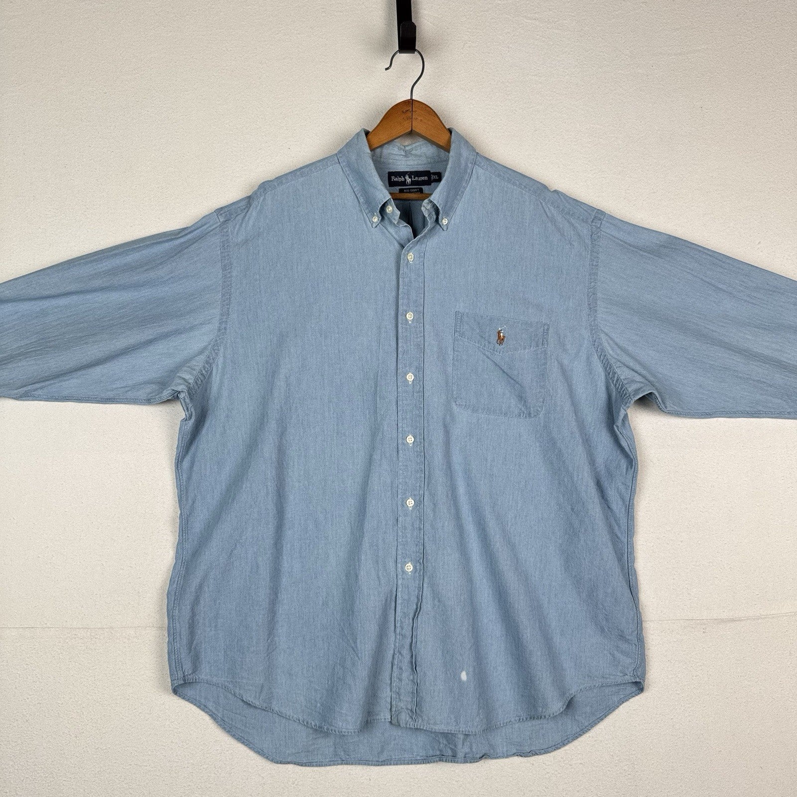 Vtg Ralph Lauren Men’s XL Blue Chambray Big Shirt Embroidered Pony Cotton