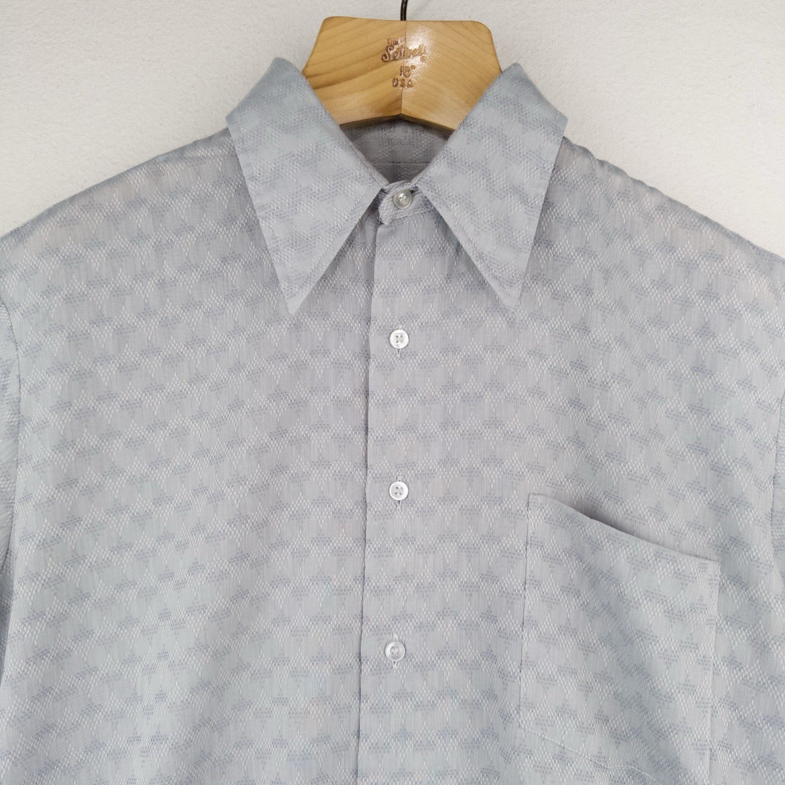 70’s Vtg Manhattan Torque 16.5 M Blue Button Down Shirt Lightweight Jacquard