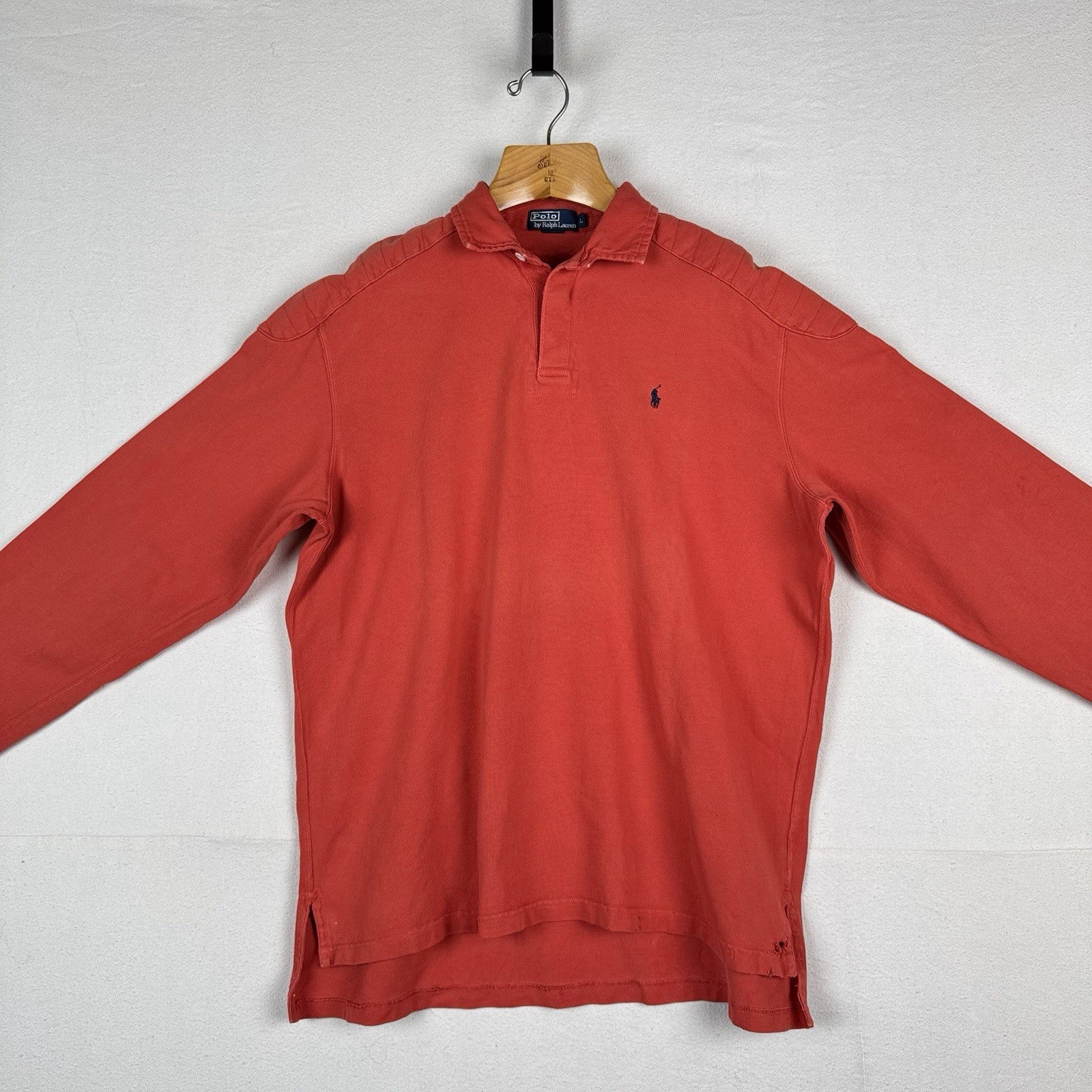 90’s Vtg Polo Ralph Lauren Rugby Shirt Mens L Orange Quilted Elbows *Distressed