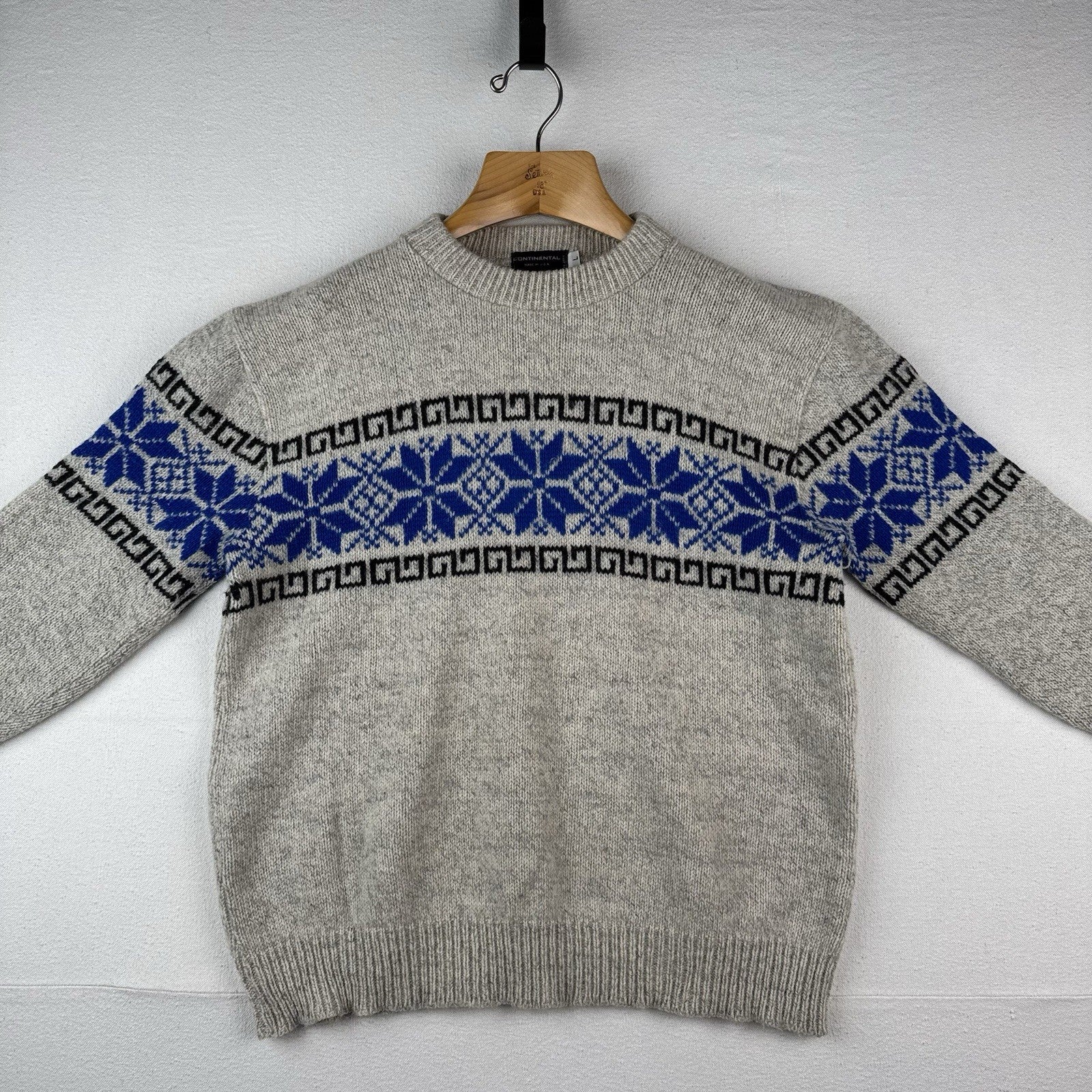 Vintage Continental Fair Isle Wool Blend Sweater Large Grey Blue Snow Made USA