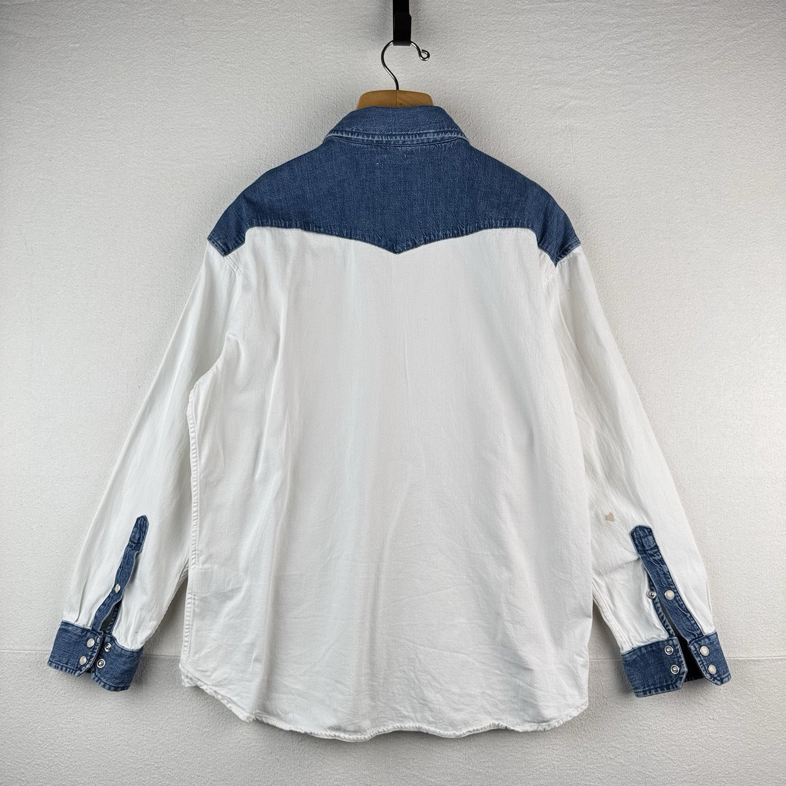 Mother Denim Tycoon TwoTone Western Shirt White Denim Pearl Snap Large USA *Read