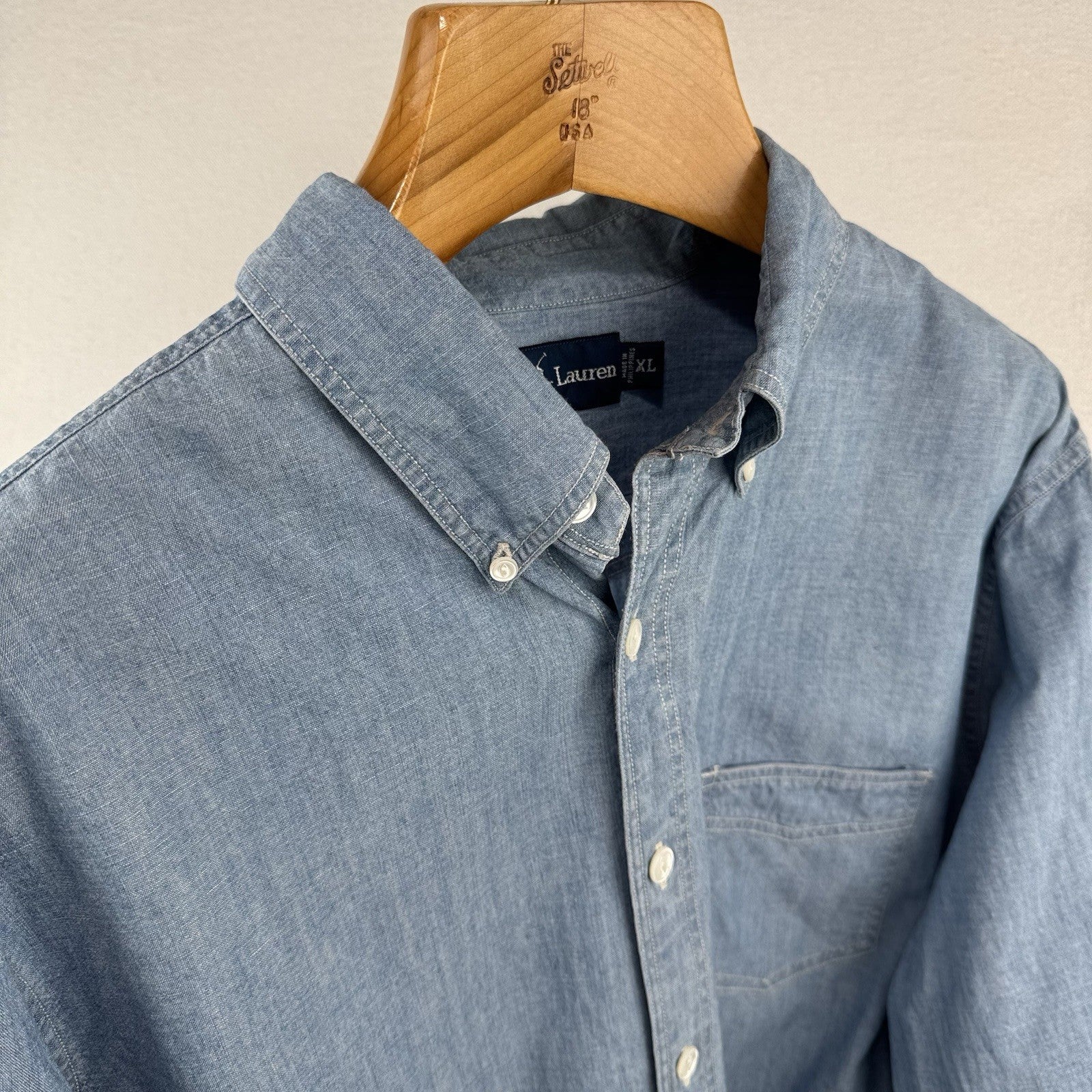 Vintage Ralph Lauren Men's XL Blue Chambray Button Down Shirt Western Workwear