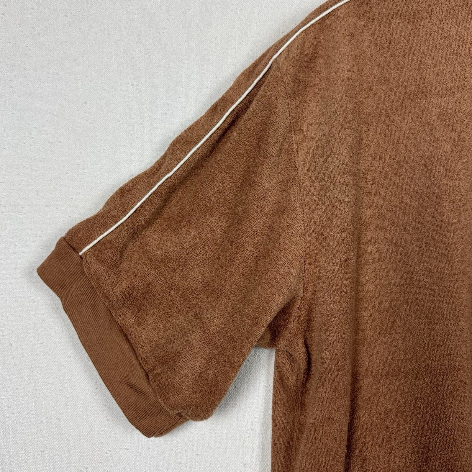 Vintage 80's Men's M Beach Pool Swim Cabana Tennis Shirt Tan Terry Cloth Zip Up