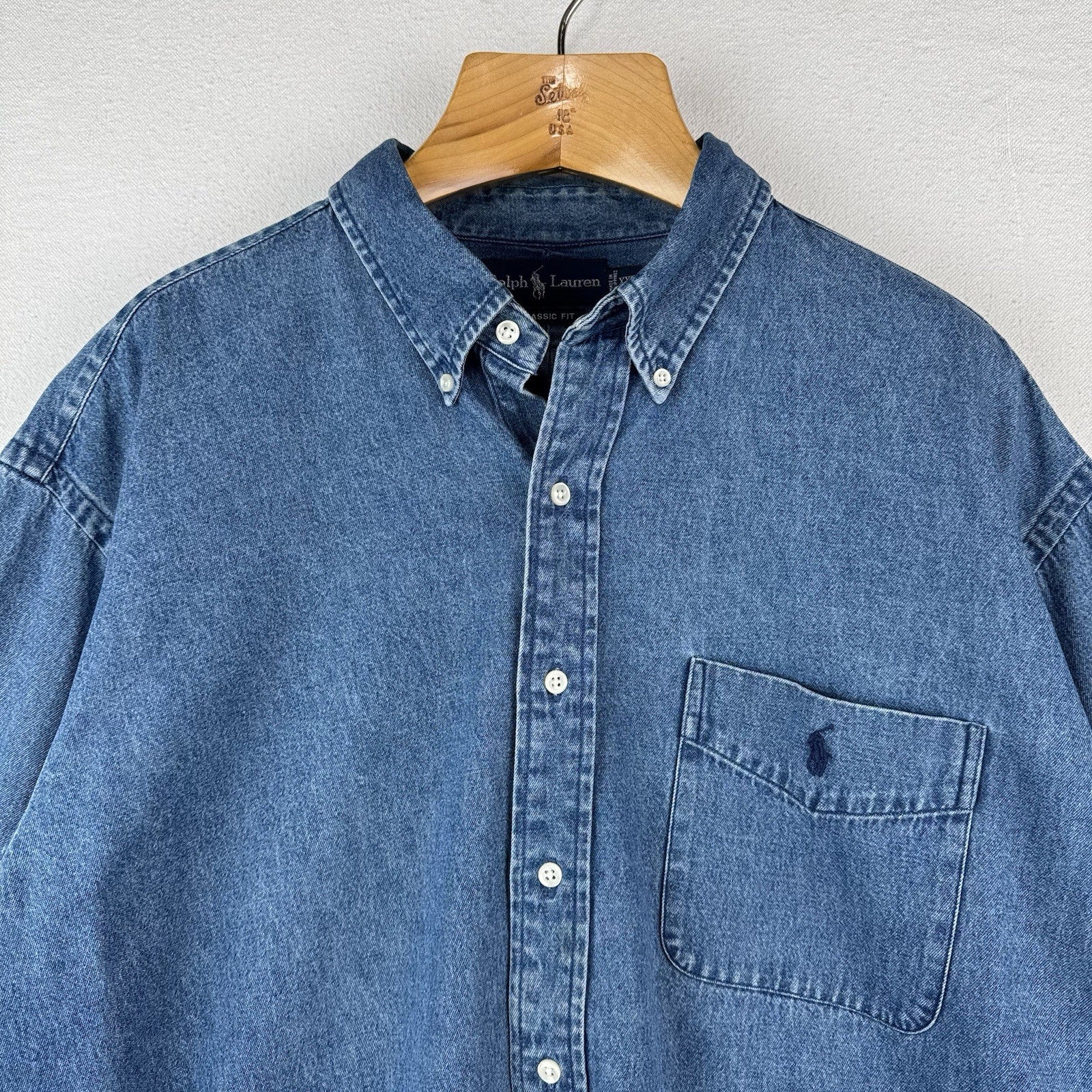 90’sVtg Ralph Lauren Heavy Denim Shirt Men's 2XL Classic Fit Pocket Button Down