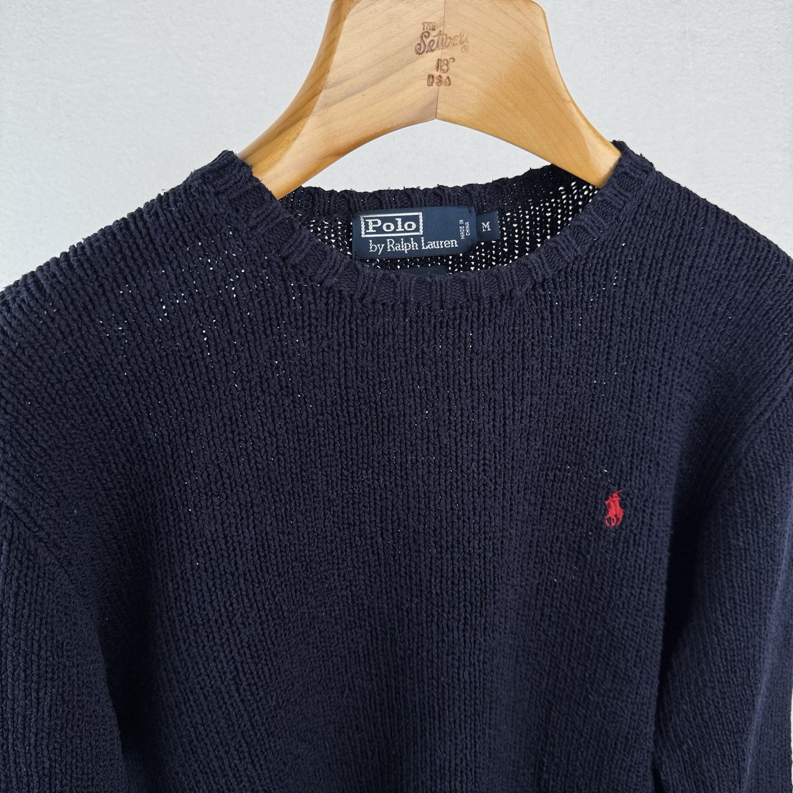 90s Vtg Polo Ralph Lauren Sweater Men's M Navy 100% Cotton Crewneck Red Pony