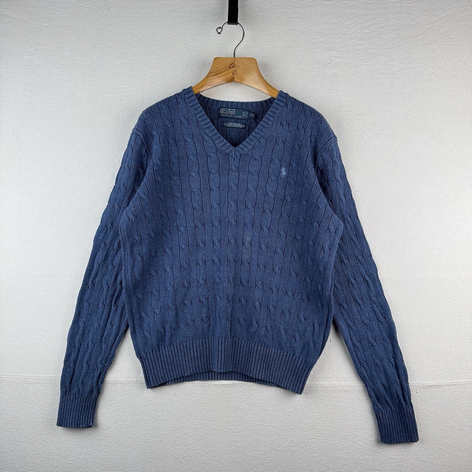 Vintage Polo Ralph Lauren 100% Silk Sweater Mens Large Blue Cable Knit V Neck
