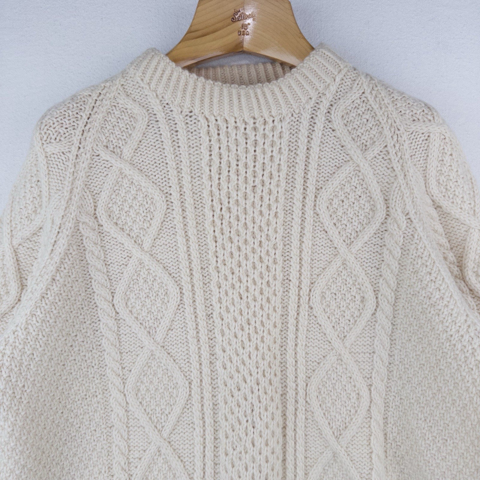 Vintage Handmade Aran Fisherman Cable Knit Wool Sweater Men’s Large (42) Cream