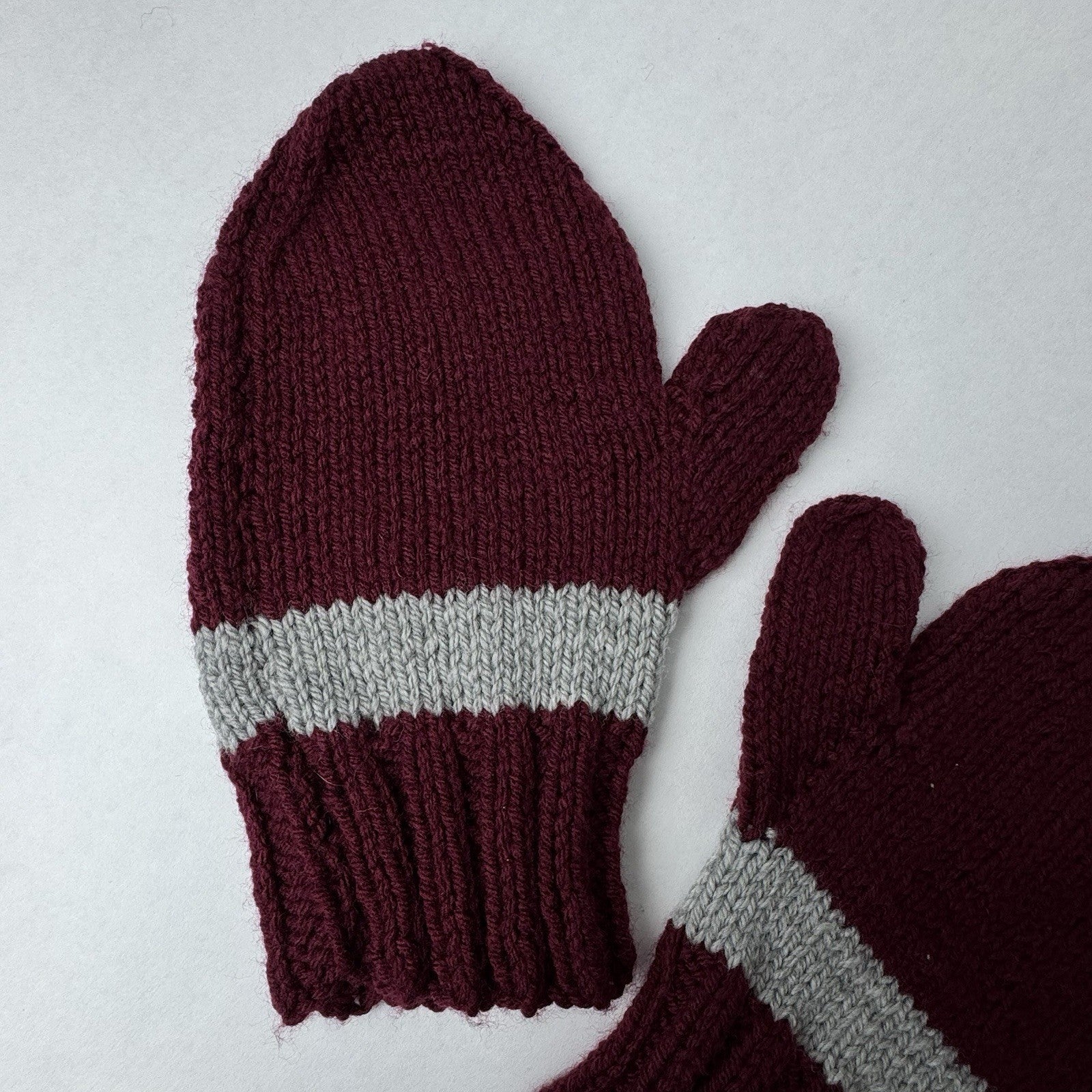 Hand Knit Mittens Burgundy Wine Red Gray Stripe Adult 10”x5”