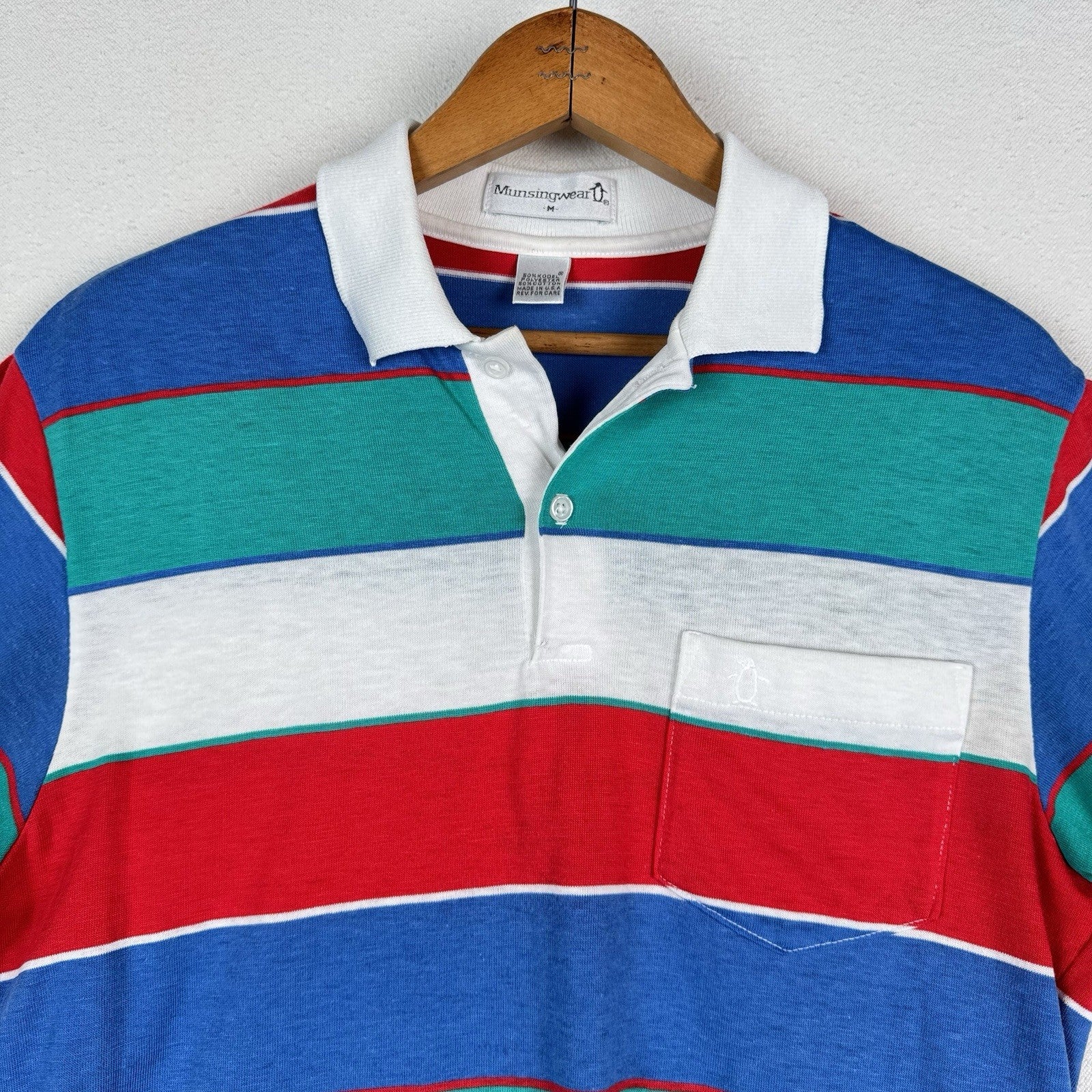 Vintage Munsingwear Polo Men’s Shirt L Striped Red White Blue Pocket Made in USA