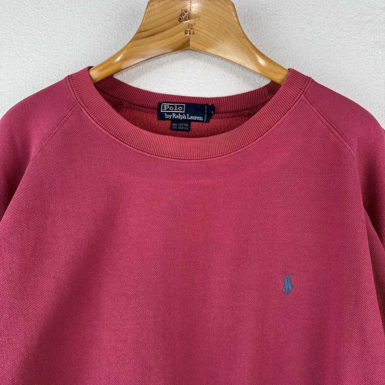 90’s Vtg Polo Ralph Lauren Jersey Sweatshirt Men XL Red Pink Raglan *Sunfaded