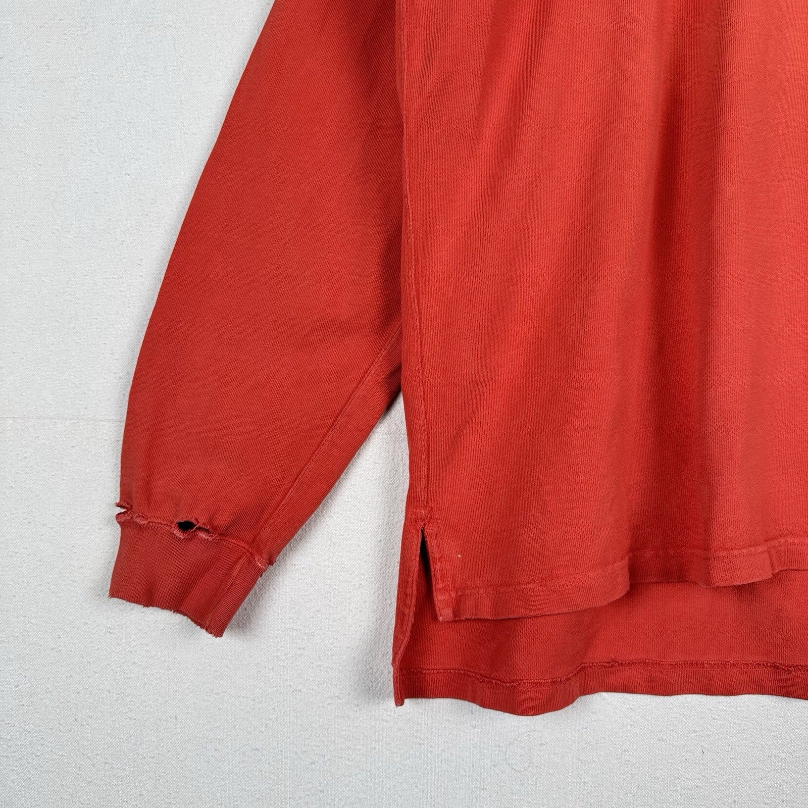 90’s Vtg Polo Ralph Lauren Rugby Shirt Mens L Orange Quilted Elbows *Distressed