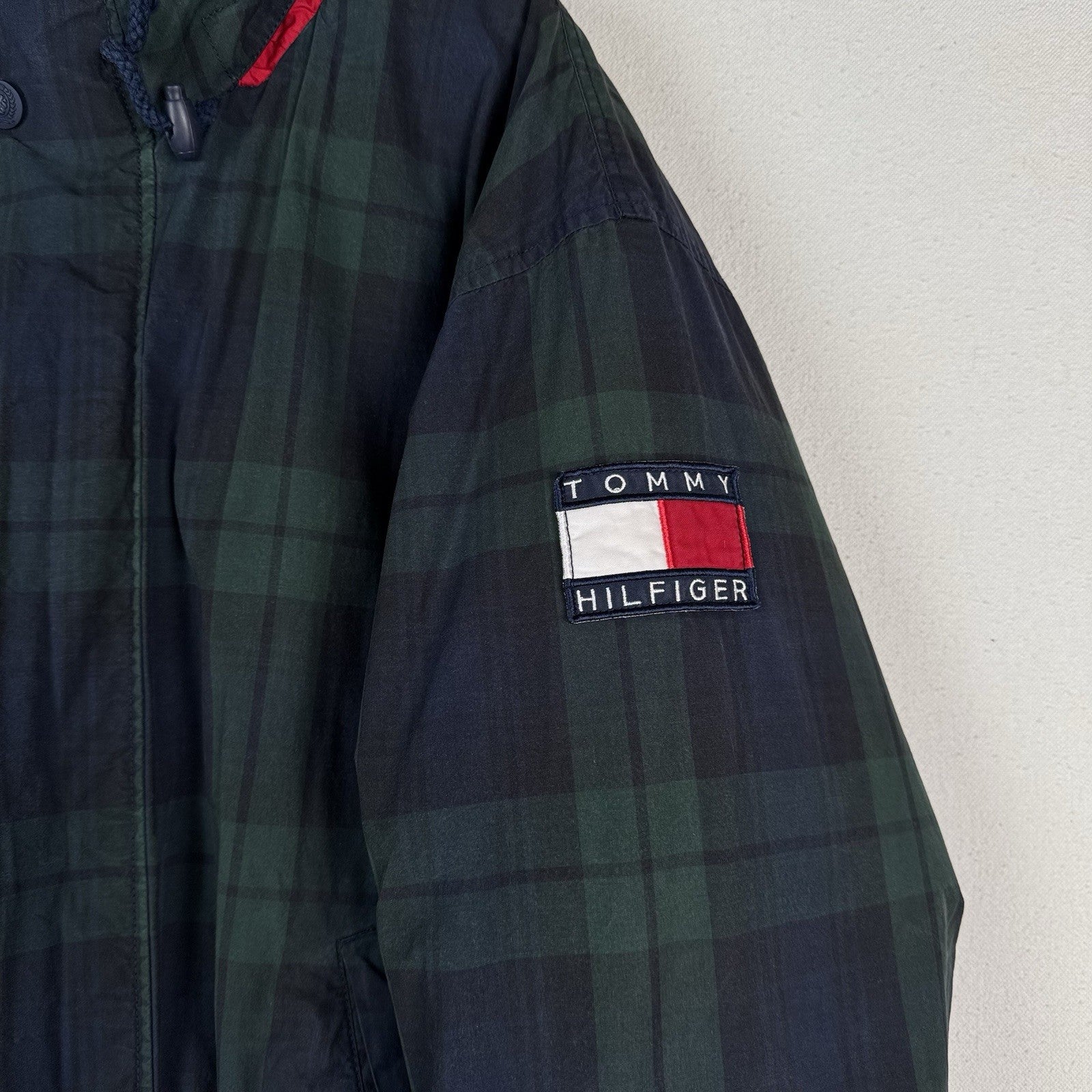 Vintage 90s Tommy Hilfiger Down Coat Ski Jacket Mens XL Tartan Plaid Embroidered