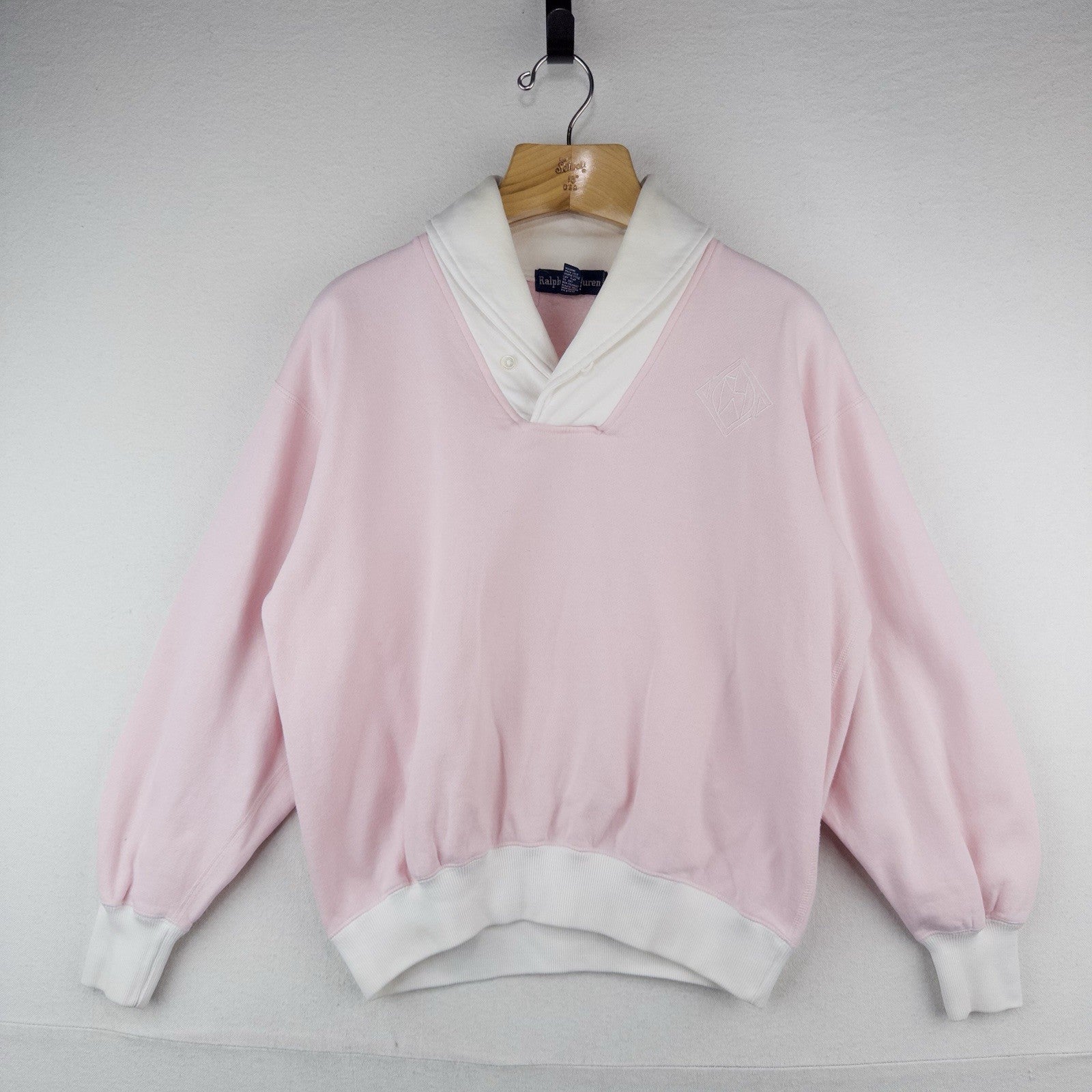 90s Ralph Lauren Womens Small Pink White Shawl Collar Fleece Pullover Sweatshirt