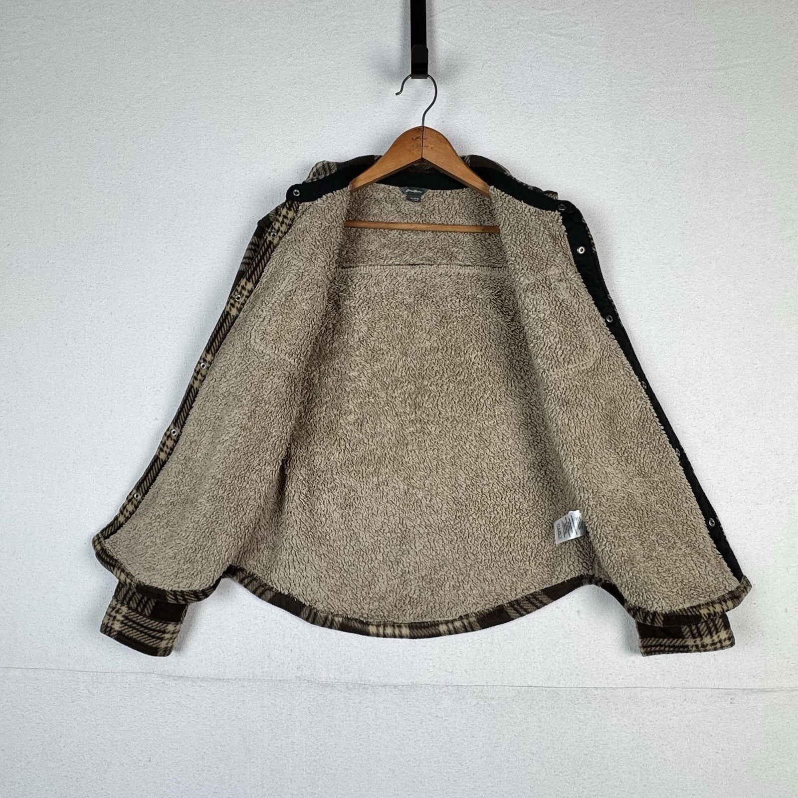 Eddie Bauer Boys Thick Fleece Sherpa Lined Jacket Shirt Brown Plaid Size 14/16
