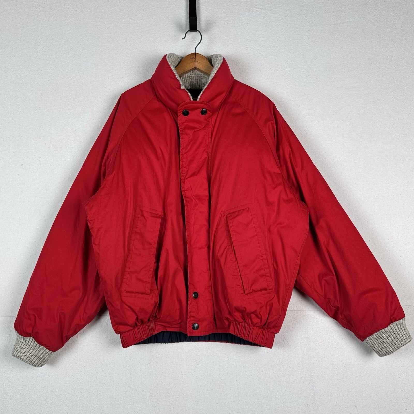 90s Nautica Mens XL Down Puffer Bomber Jacket Leather Patches Red Sweater Collar