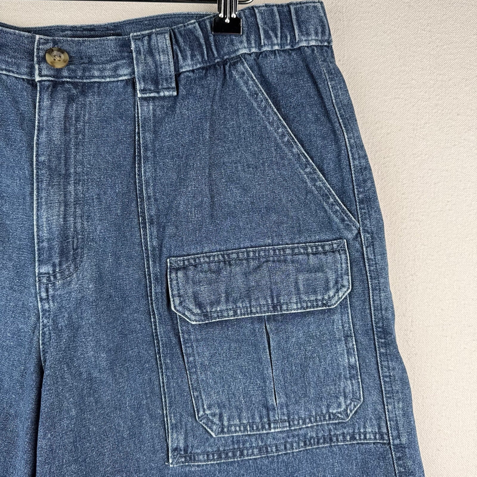 Vtg Croft & Barrow Denim Cargo Safari Pocket Shorts Mens 34x6 Blue Elastic Waist