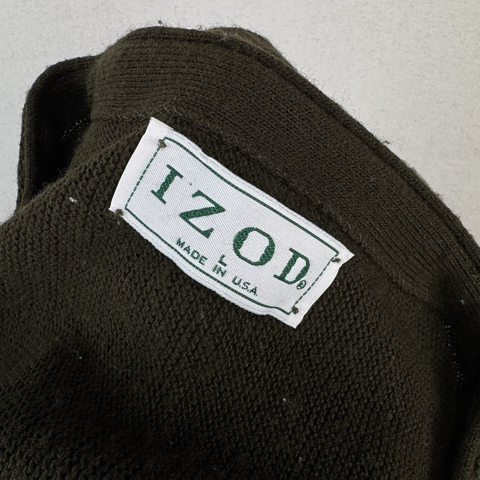 80’s Vintage Izod Cardigan Sweater Men's Large Olive Army Khaki Green Made USA