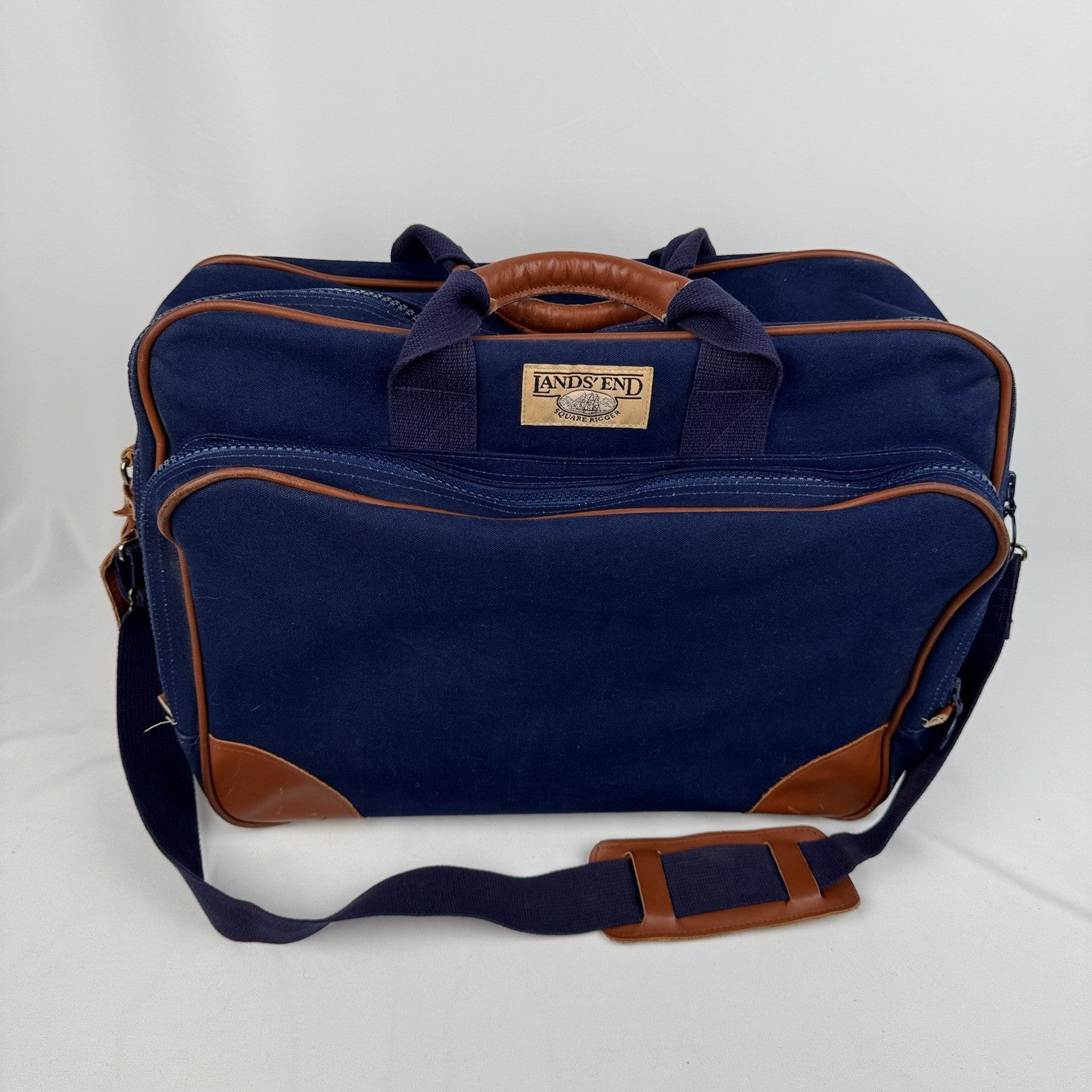 Vtg Lands End Square Rigger Weekender Bag Navy Blue Canvas Leather Luggage 20”