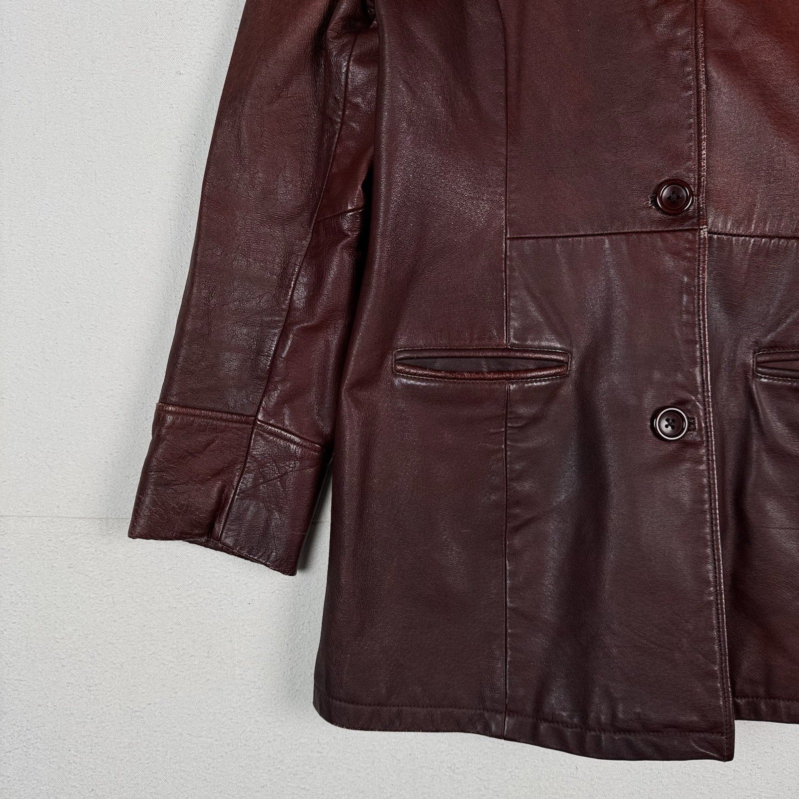 Vintage 90s Frye Leather Womens Large Jacket Coat Rust Brown Maroon Button Front