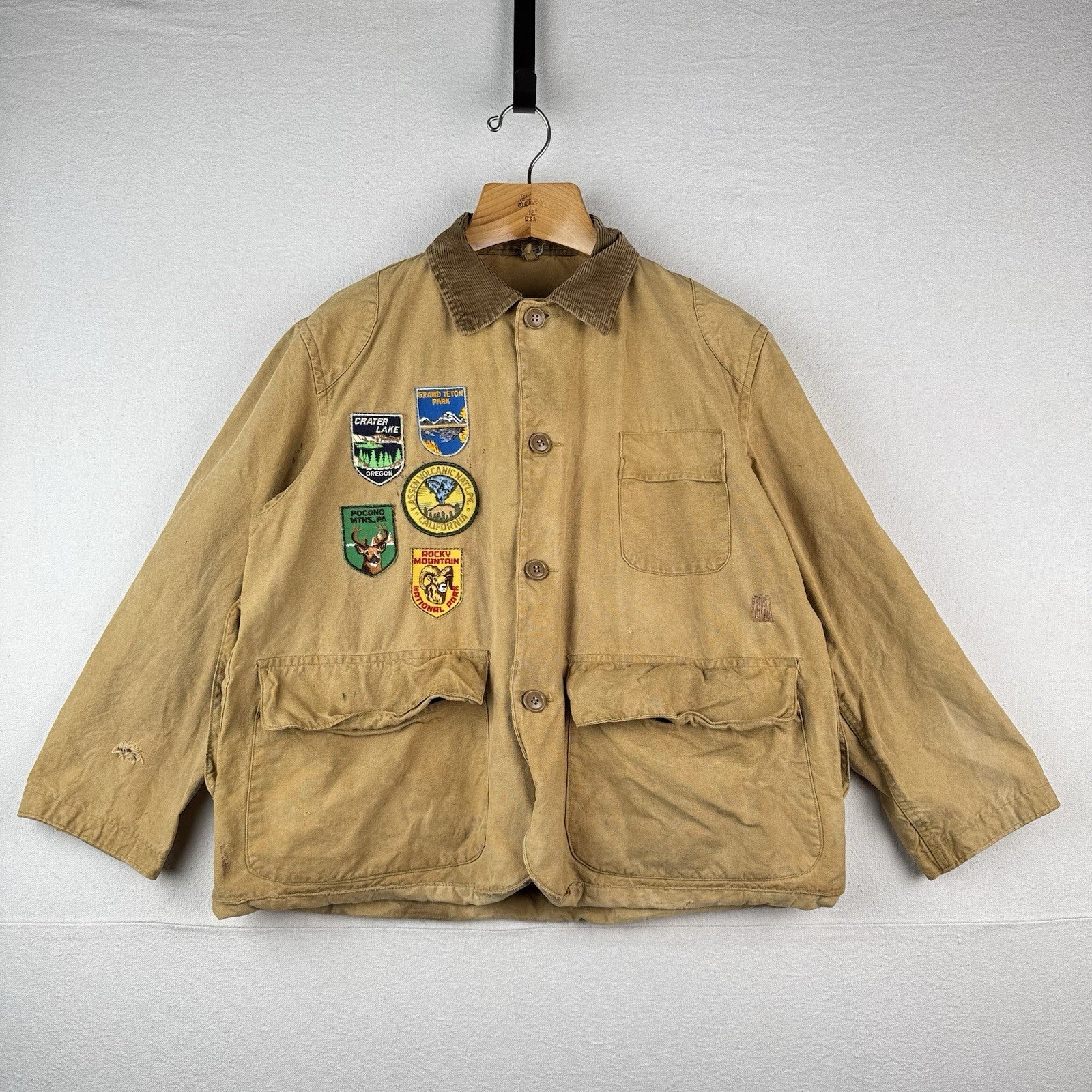 40s 50’s Vtg Hetterick Mfg Co Hunting Jacket Chore Coat Patches 46” USA *Read