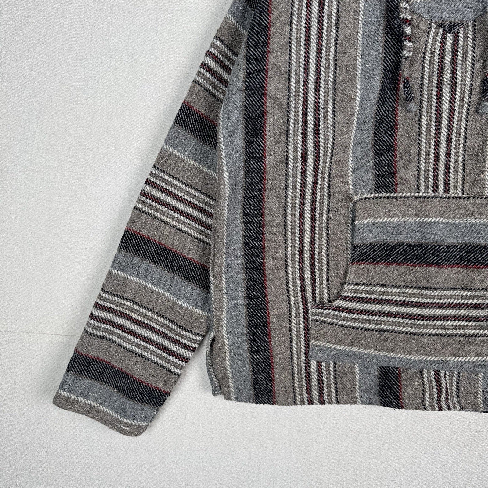 Vintage Baja Mexican Woven Blanket Hoodie Pullover Jacket Blue Gray Red XL Boho