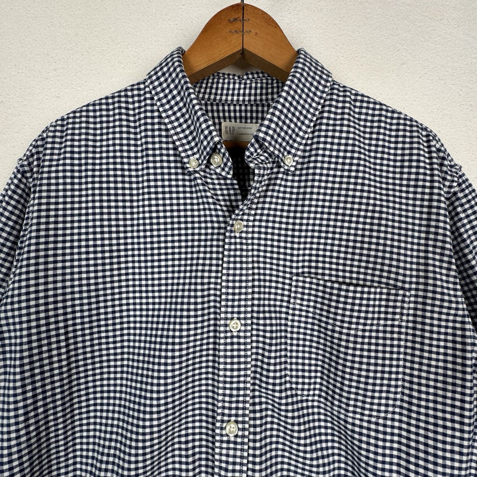 Gap Mens Large Button Up Shirt LS Stretch Stndrd Fit Blue White Gingham Check
