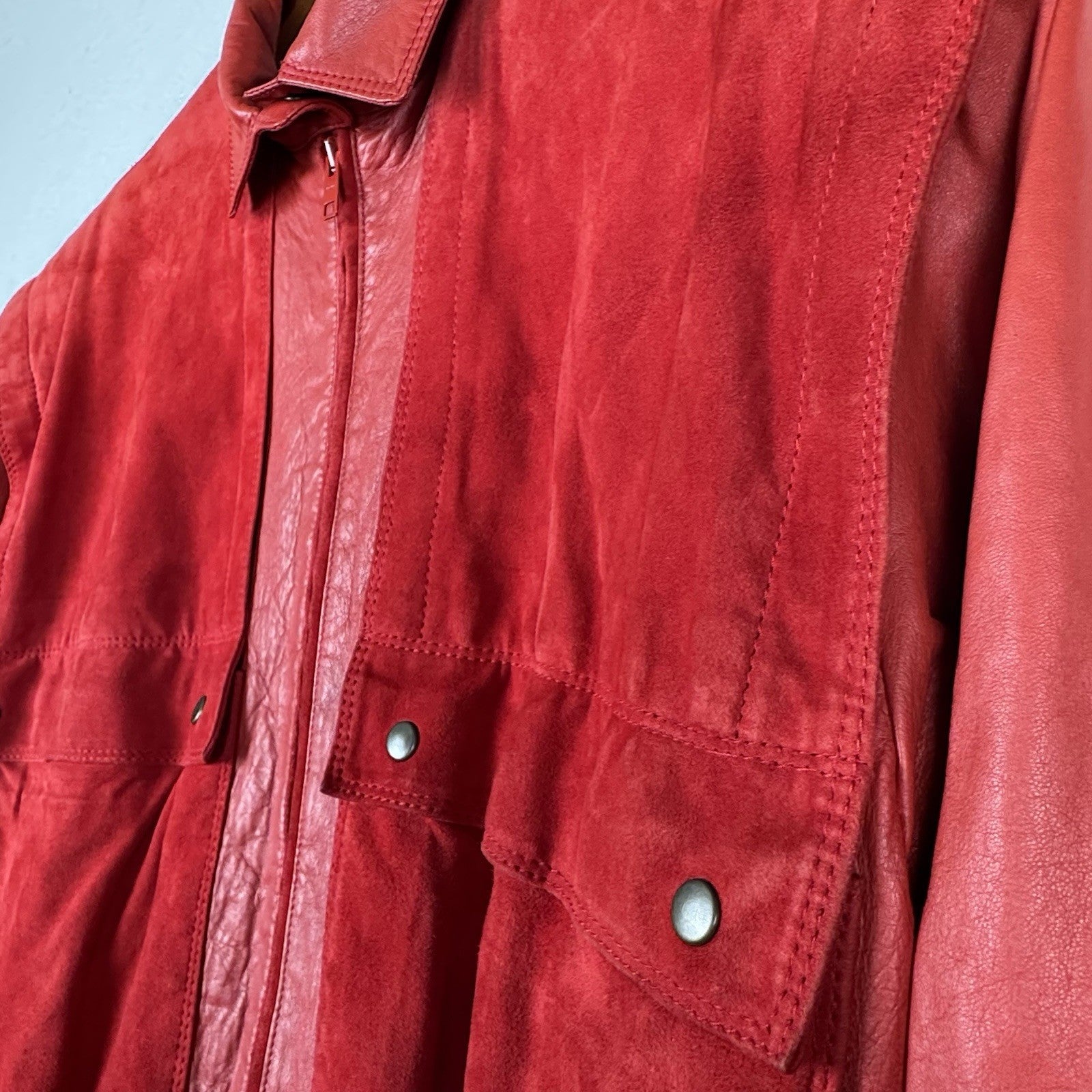 90’s Saks Fifth Avenue Suede Leather Bomber Jacket Red Zip Womens 12 Chest: 42”