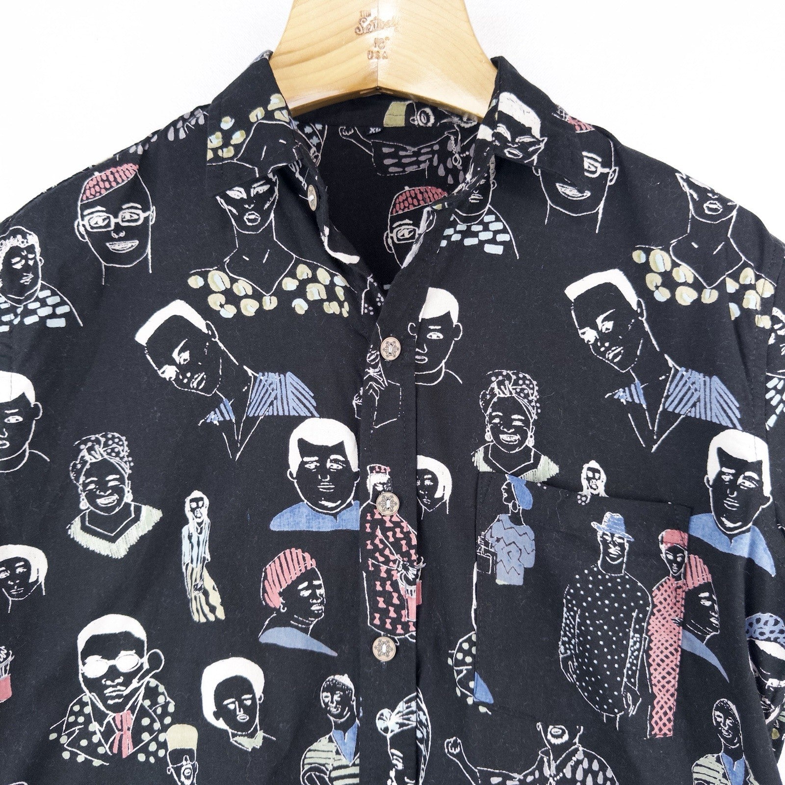 Hand Drawn People Face Illustrated All Over Print Short Sleeve Buttonup Shirt XL