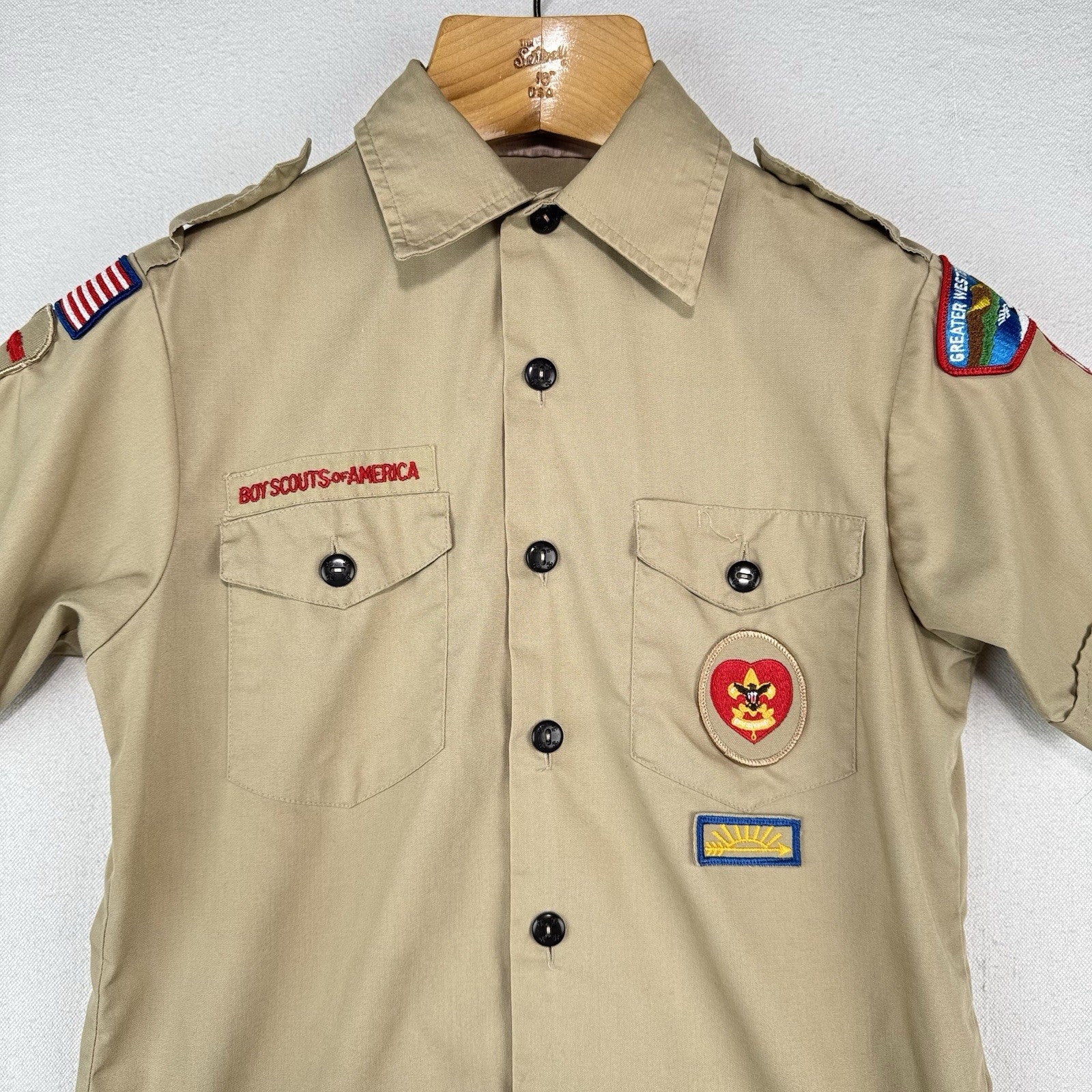 Vintage Boy Scouts of America Shirt Youth L (14-16) Beige Short Sleeve Made USA