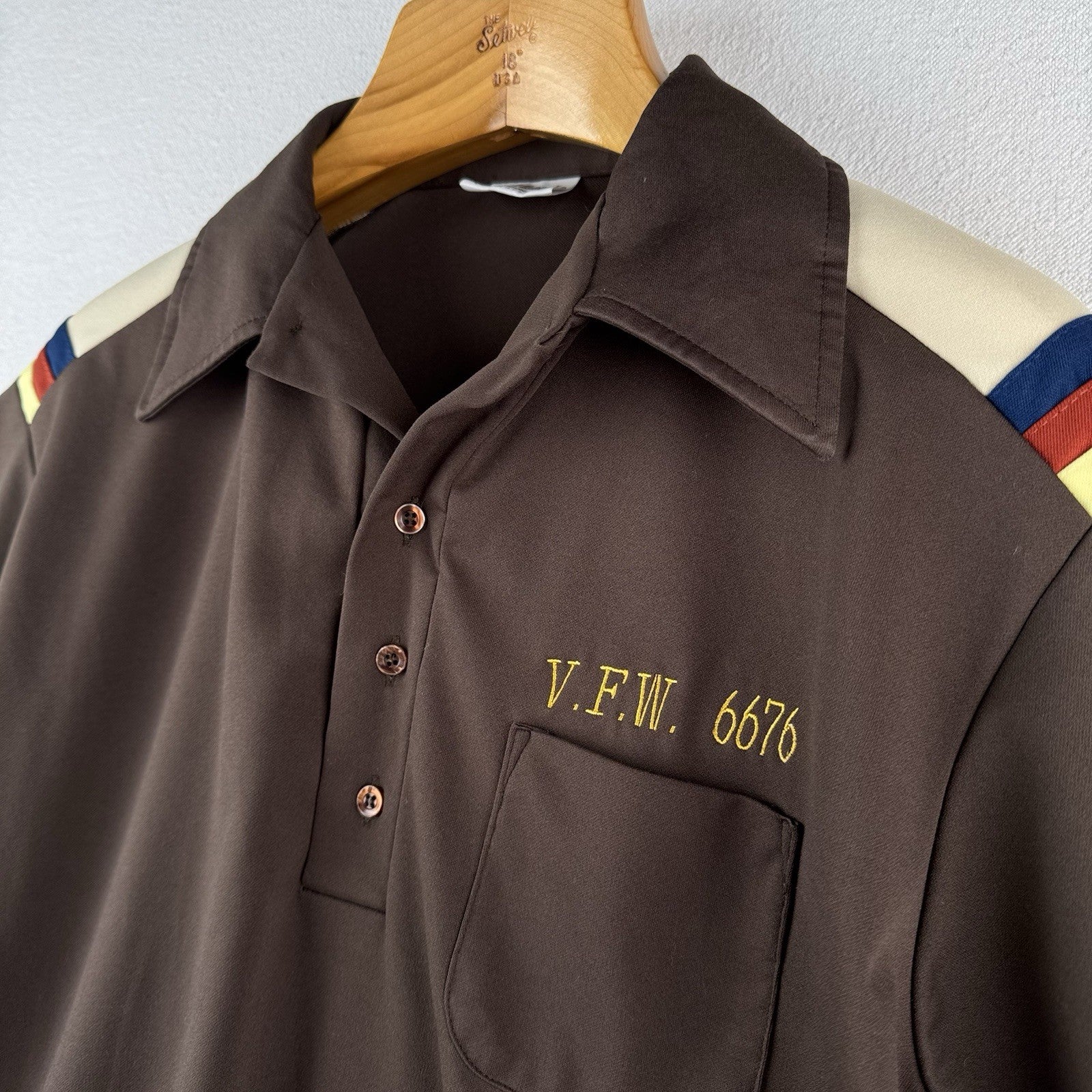 70s Vtg King Louie Creations Bowling 1/4 Button Shirt Mens M Brown VFW 6676 USA